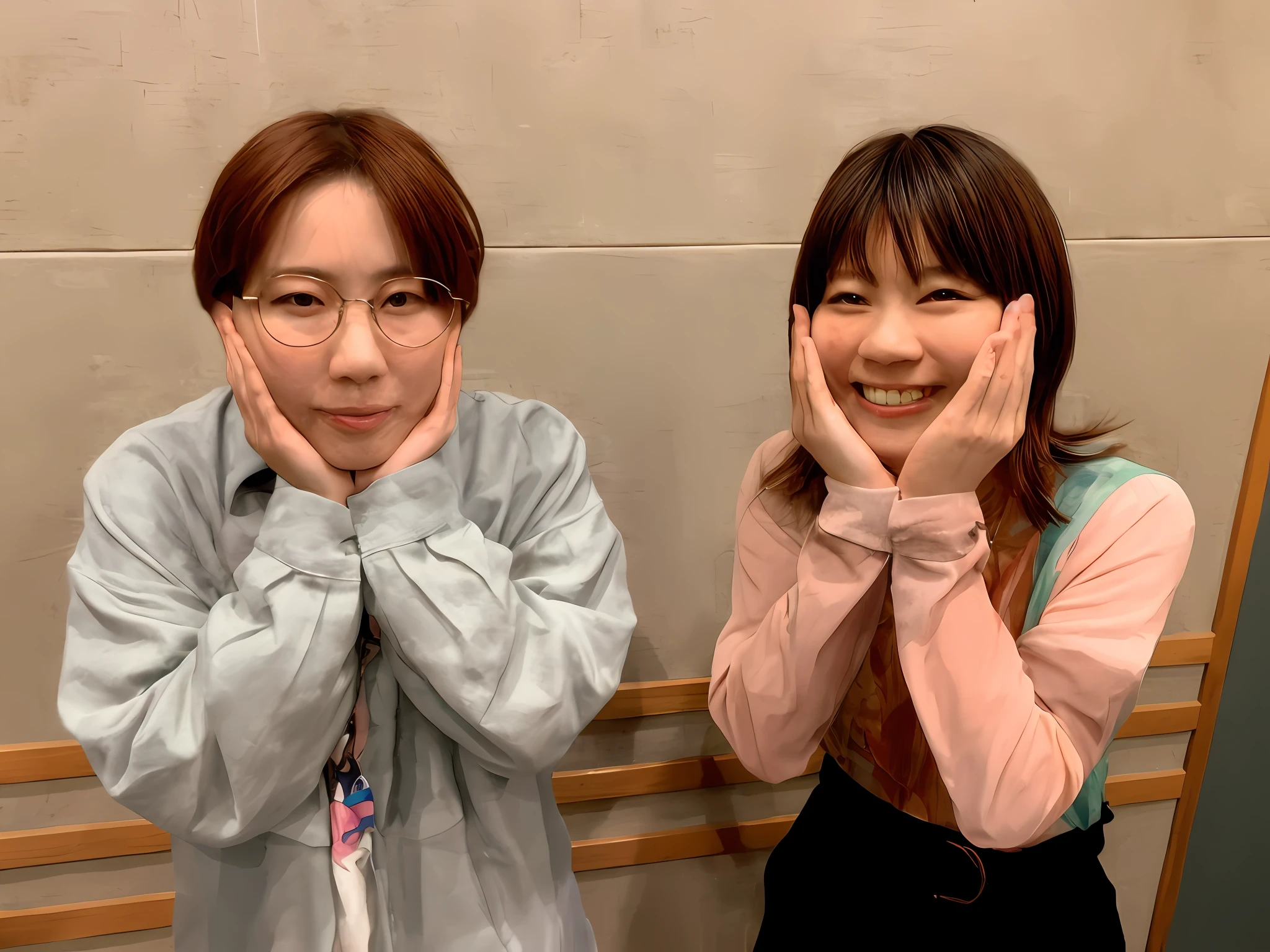 They are two Asian women taking pictures in front of the wall, yoshitomo nara and aya takano, ayami kojima and lyde caldwell, fiona staples and kinu nishimura, nixeu and sakimichan, fiona staples and makoto shinkai, ayami kojima、by Yoshitaka Amano, with two characters