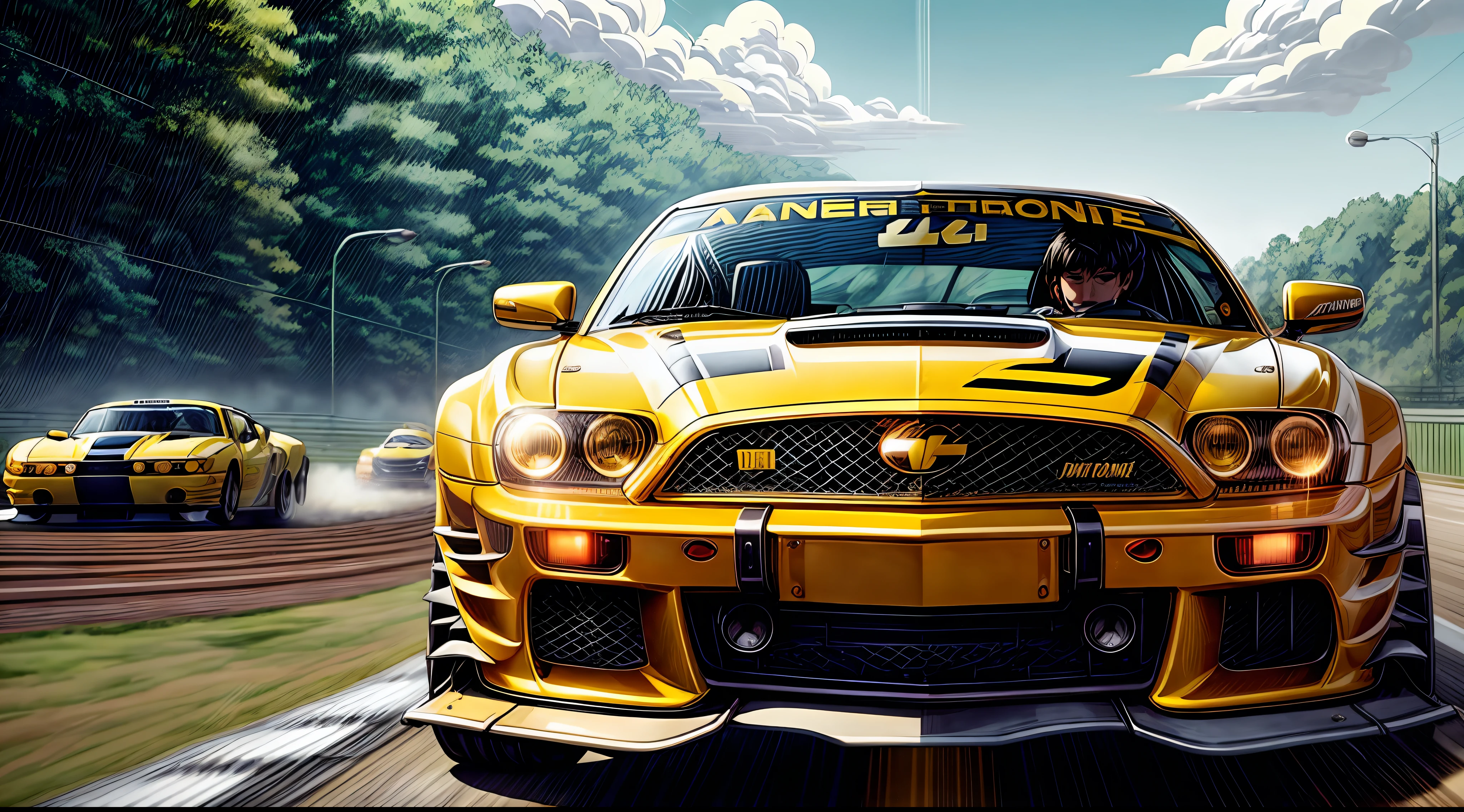 cartoon of a yellow car driving down a track with other cars, initial d anime 1 0 8 0 p, initial d anime, drawn like the anime speed racer, akira and bumblebee, wideshot, initial d anime screenshot, high quality wallpaper, background artwork, racing, high speed action, wipeout 2 0 4 8, high quality screenshot, jet set radio artwork