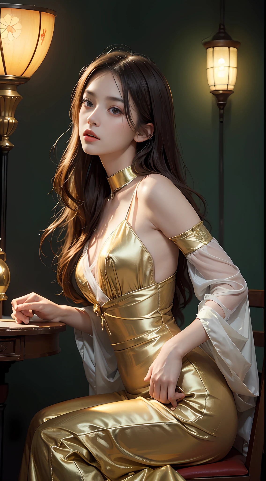 Picture quality:High detail masterpiece 8k high resolution
Body content:1girl,Surrealist portraits of women by David Hockney and Alphonse Mucha,Very detailed faces,hair glowing,low tune,whaite hair,long whitr hair,A stunned expression,graceful movements,
Background with:Vintage café,With a mysterious effect,Warm light
environment:There is a faint magic glimmer,warm lights,incandescent lamp
atmosphere:Cosy and comfortable,With a bit of autumn coolness
lamplight:Warm
color:High saturation,bright
composition:Rule of thirds composition
Style reference:photographrealistic