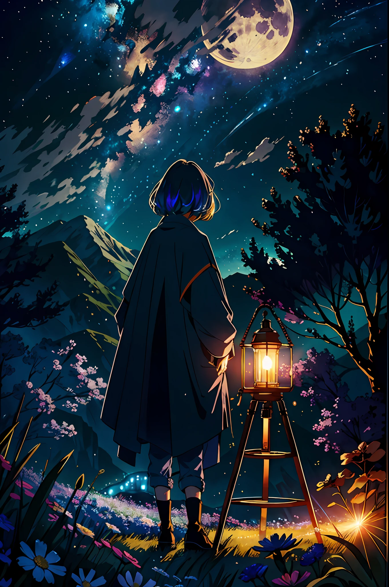 Expansive landscape photograph, (view from below with a view of the sky and the wilderness below), little girl standing in a flower field looking up, (full moon: 1.2), (shooting star: 0.9), (nebula: 1.3), distant mountain, tree break production art, (warm light source: 1.2), (firefly: 1.2), lamp, purple and orange, intricate detail, volume lighting BREAK (masterpiece: 1.2), (highest quality ), 4k, ultra-detailed, (dynamic configuration: 1.4), highly detailed and colorful details (iridescent: 1.2), (sparkling lighting, atmospheric lighting), dreamy, magical, (solo: 1.2)