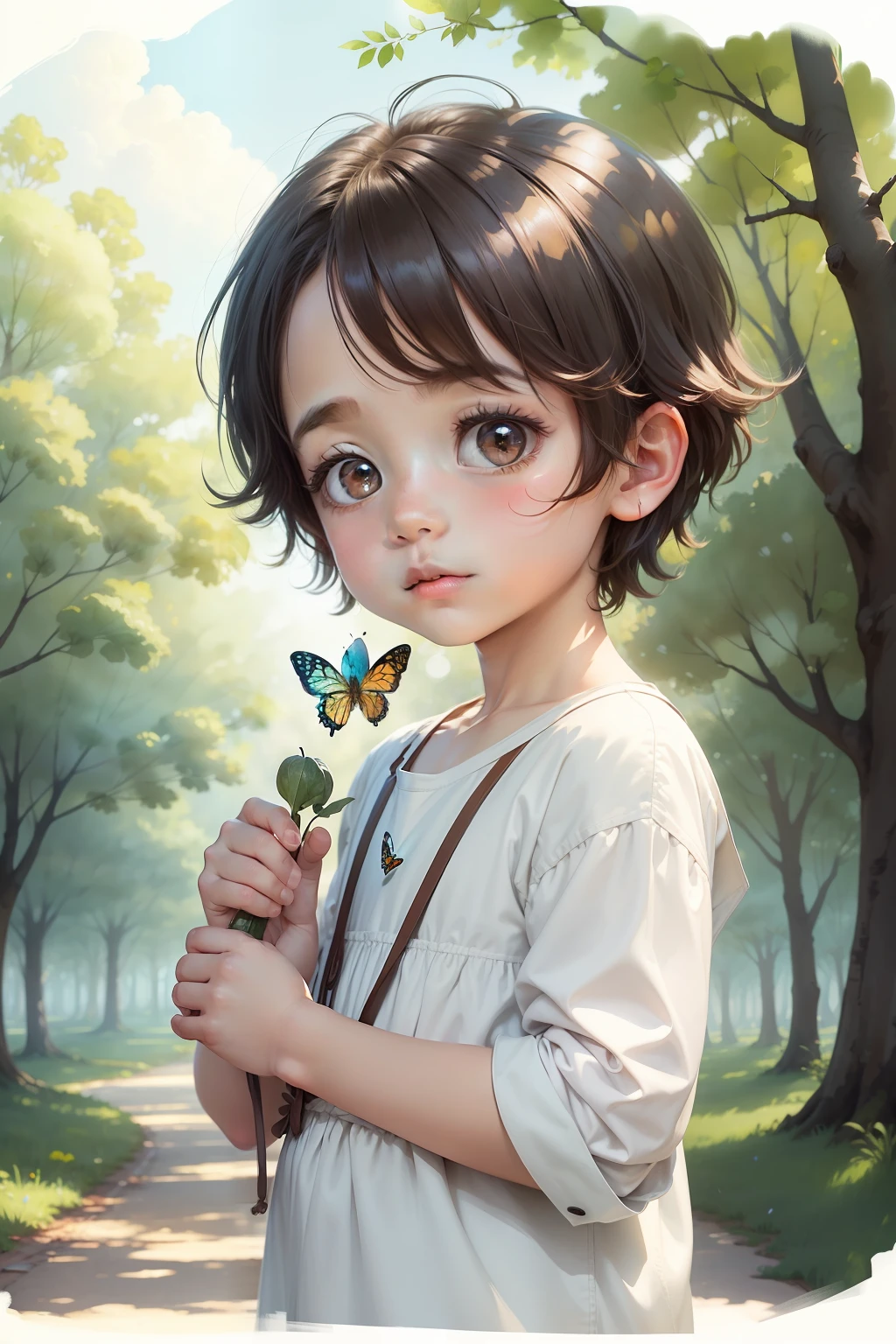 A ,He has big eyes,He was holding a small bird in his hand, and his body was full of butterflies,the watercolor style,Watercolor texture and distance,There is a clear line and a relatively flat drawing style。Lots and lots of trees around,A little bit of light shines through the little ones