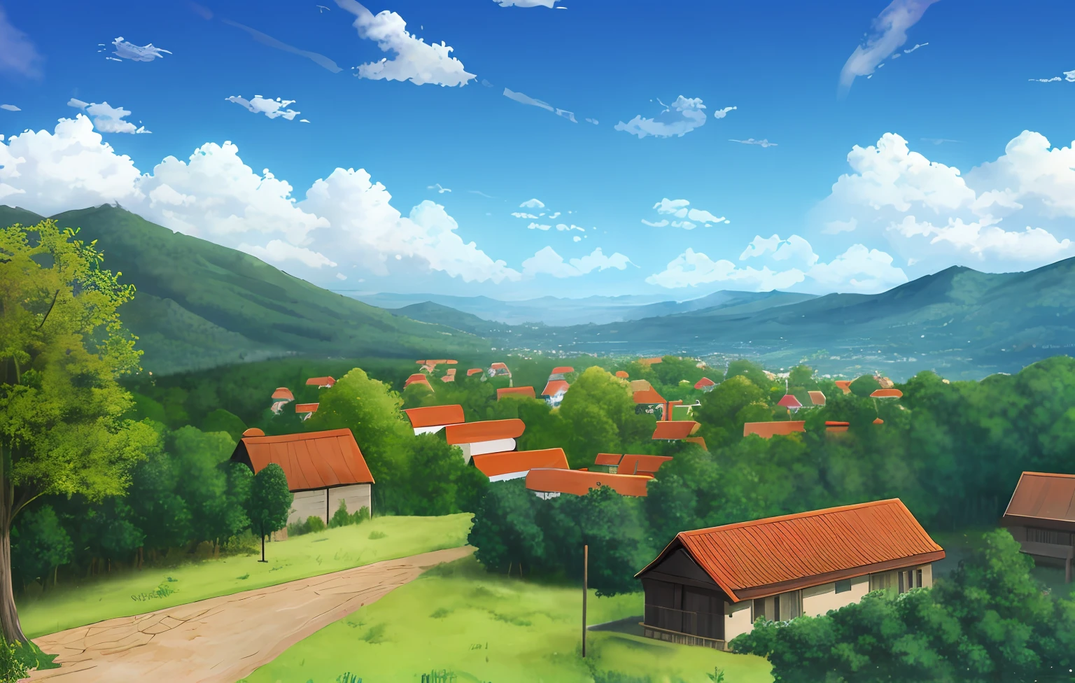 scenery, forest, village, well, sky, clouds