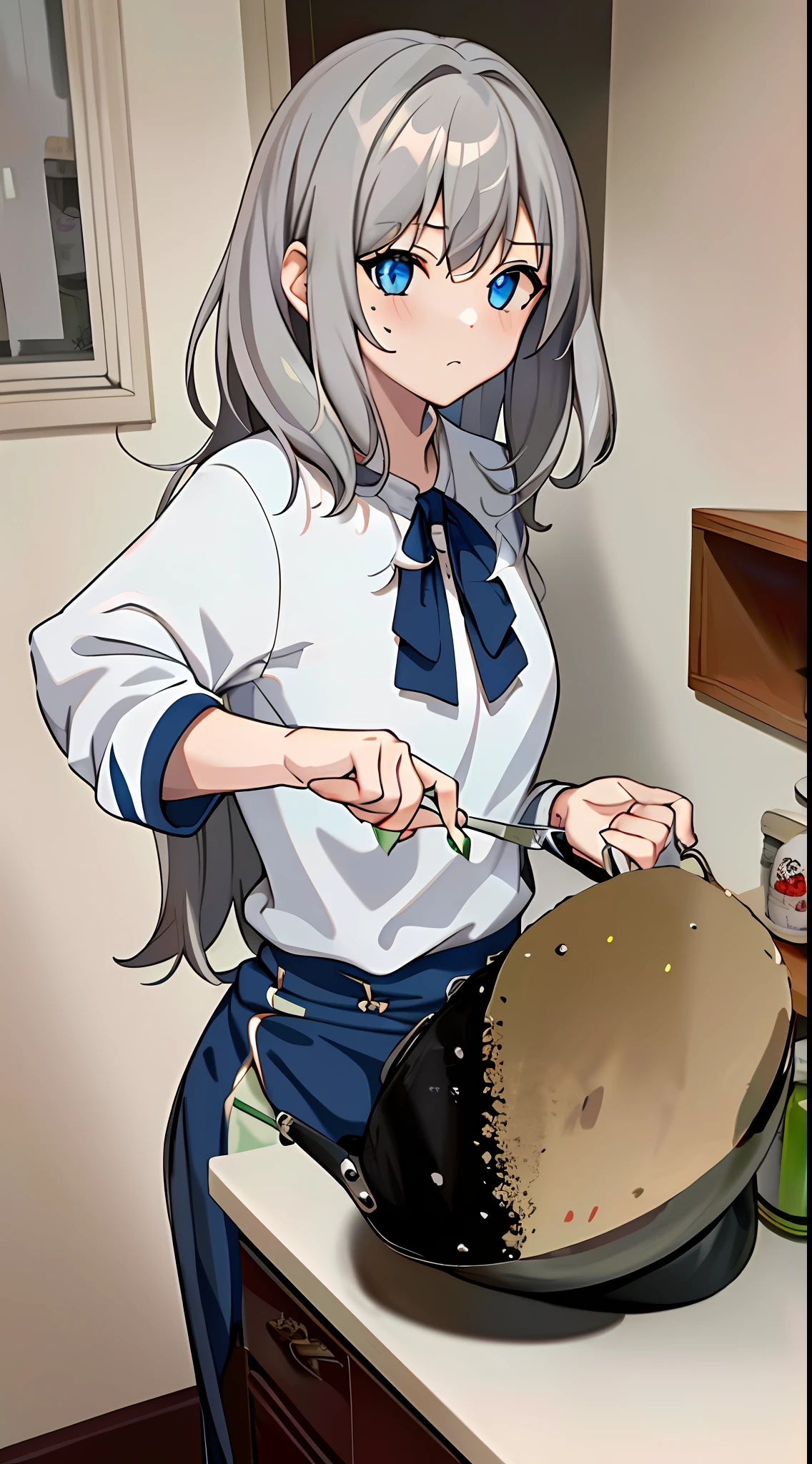 (best quality, masterpiece), ricewave, (1girl, solo,cooking, standing , gray hair, *//*, blue eye, *//*, white blouse, looking at viewer, closed mouth, upper body), (kitchen, holding wok, Spatula)