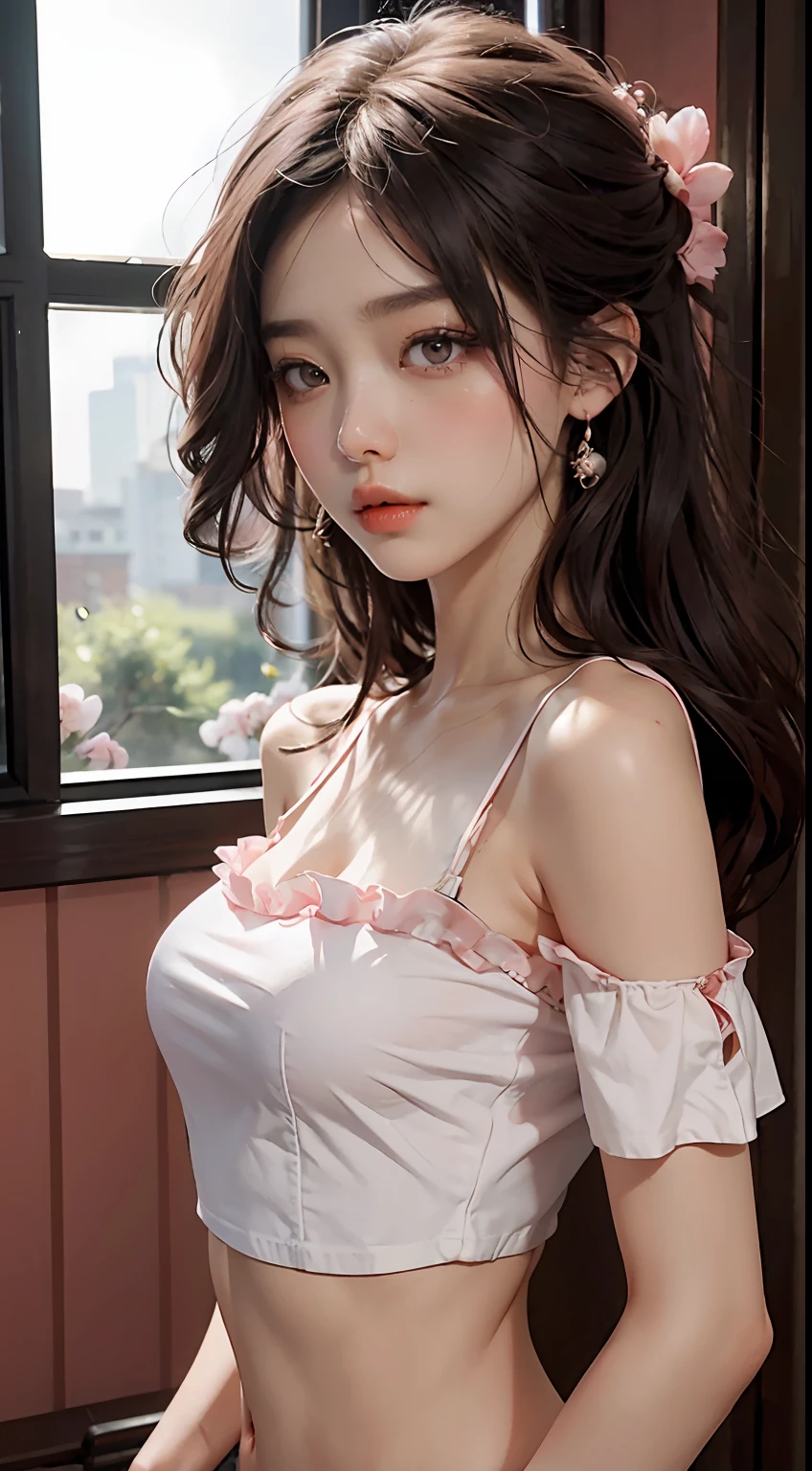 best qualtiy，tmasterpiece，超高分辨率，（Fidelity：1.4），RAW photogr，1girll，Peach blossom eyes，Cropped crop top，Pink off-the-shoulders，cinmatic lighting