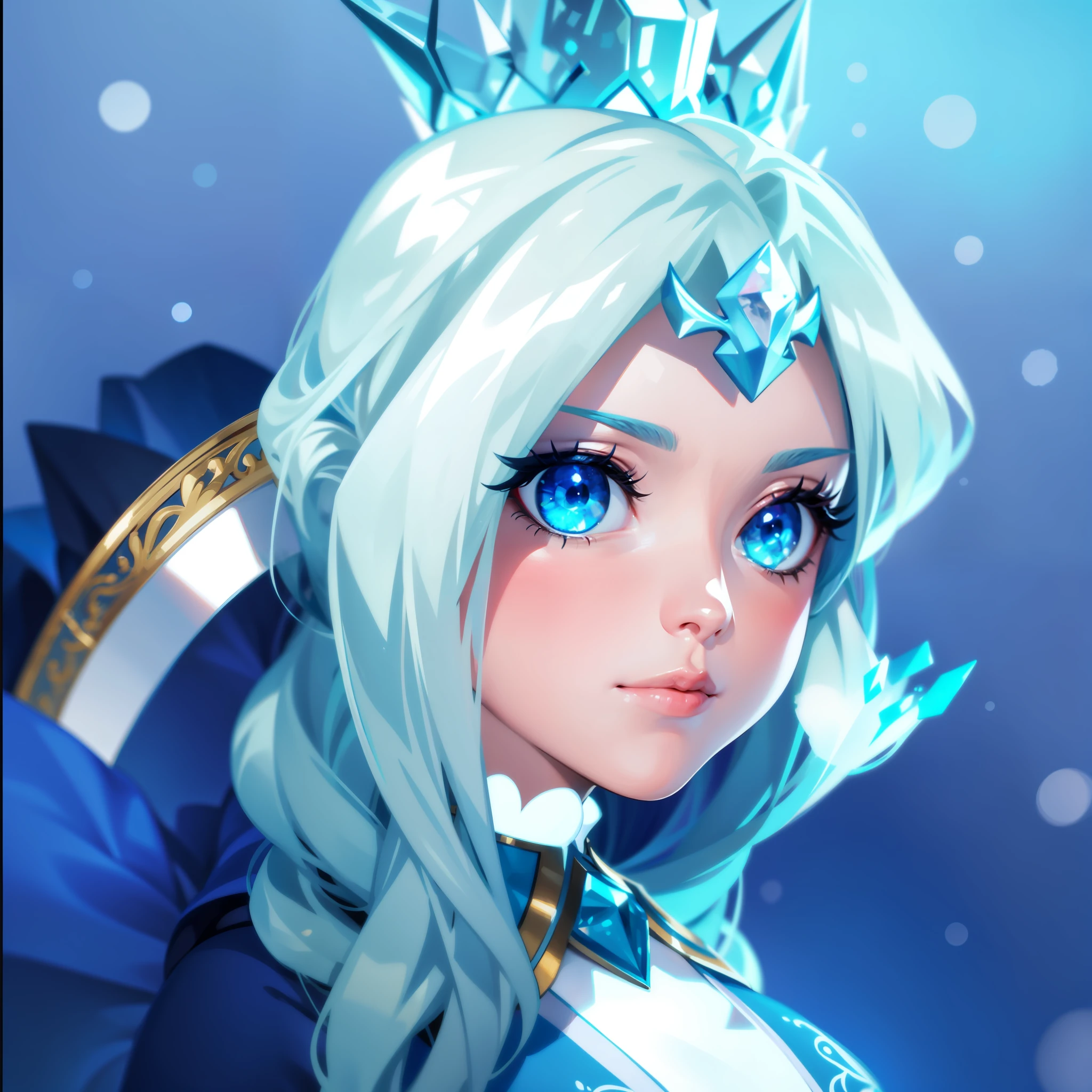 （8k，RAW photos，best qualtiy，tmasterpiece：1.2），（realisticlying，realisticlying：1.37），Face focus，A lovely snow queen，Wearing an ice crown，Azure hair，Azure eyes，Water Spirit Nose，Wearing Snow Queen-style clothes