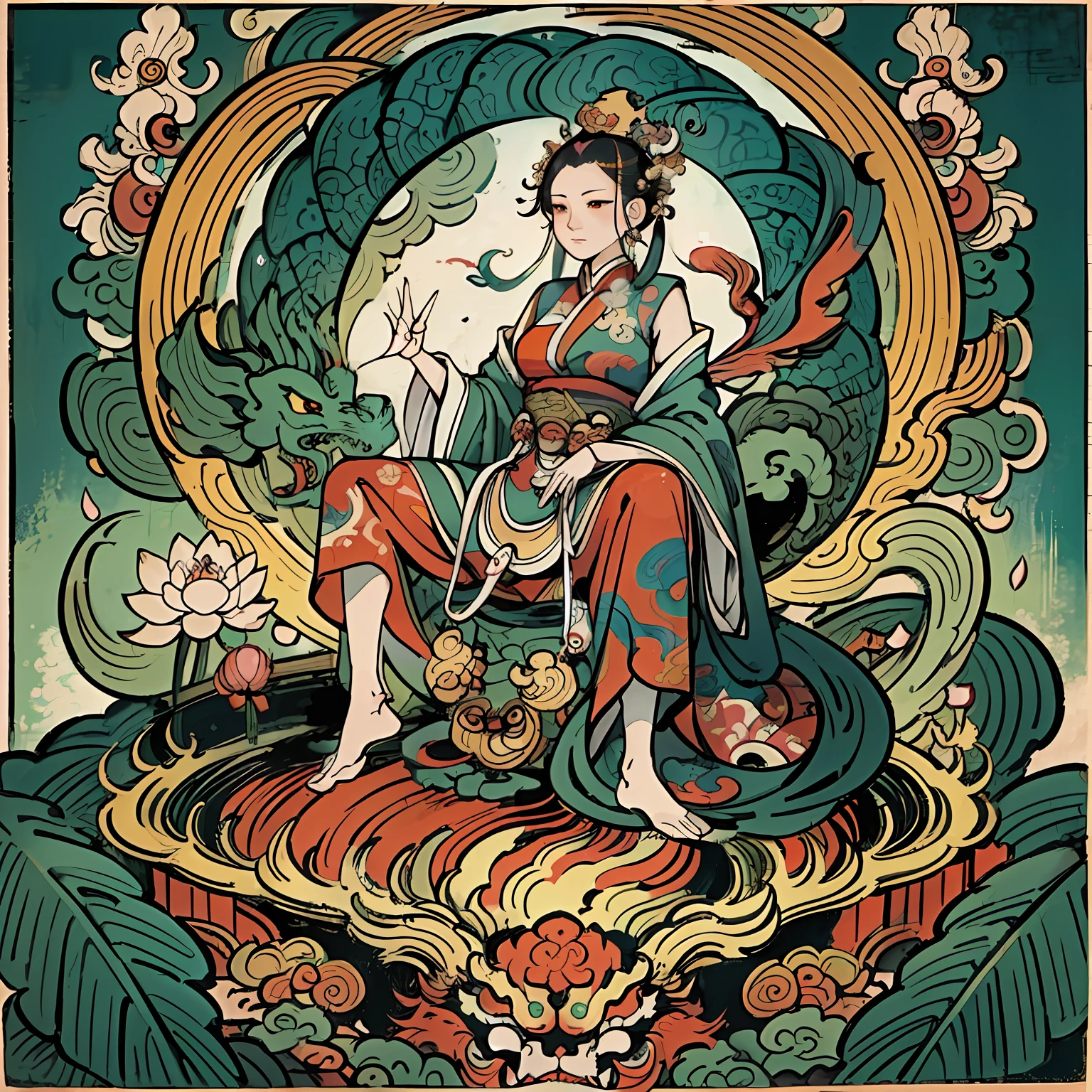 an ancient Chinese goddess, guanyin of the southern seas, Guanyin, Inspired by India, Avalokiteshvara rides a dragon,Serene expression,shui mo hua,Buddha,Buddhist,Lotus,Chinese painting style,Thangka style