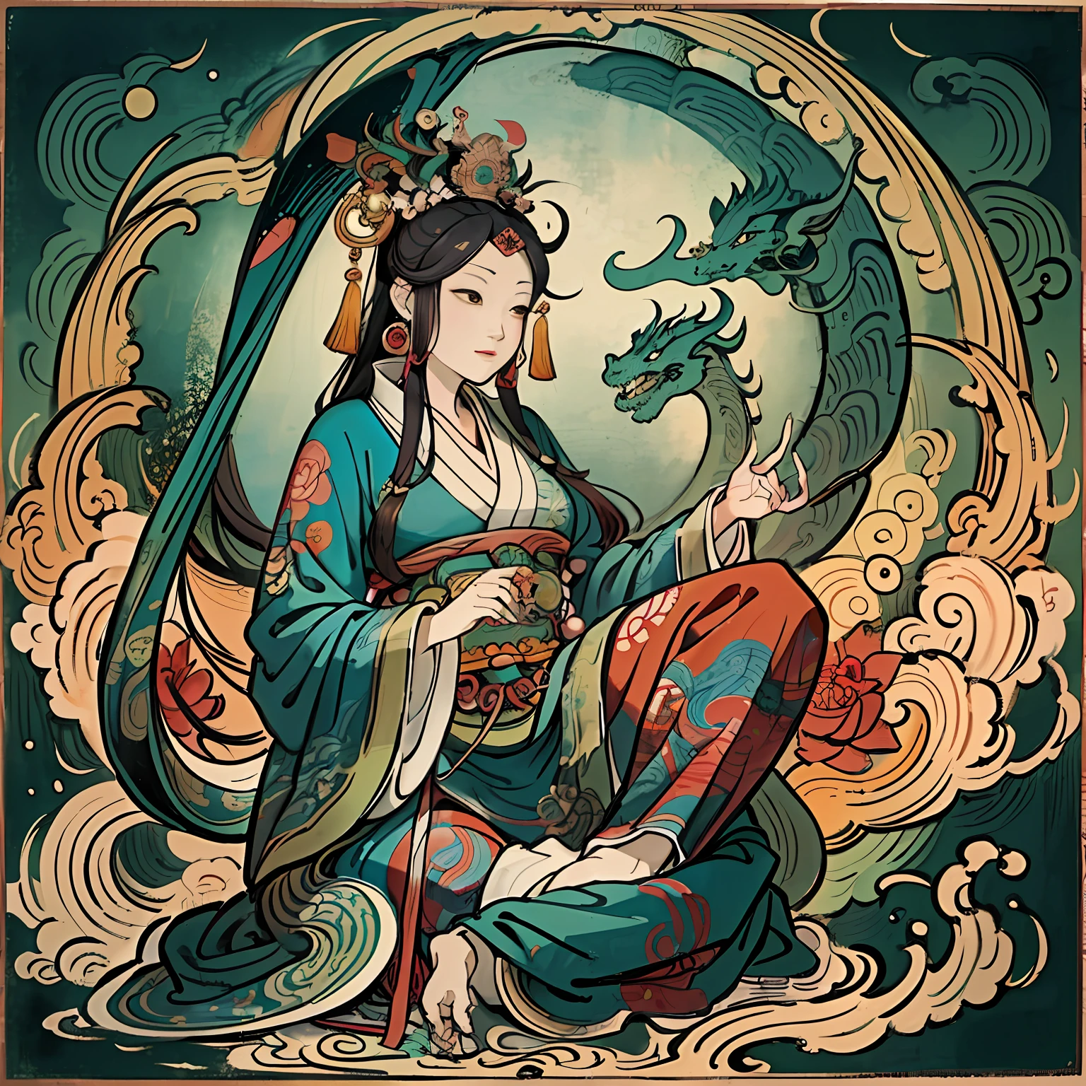 an ancient Chinese goddess, guanyin of the southern seas, Guanyin, Inspired by India, Avalokiteshvara rides a dragon,Serene expression,shui mo hua,Buddha,Buddhist,Lotus,Chinese painting style,Thangka style
