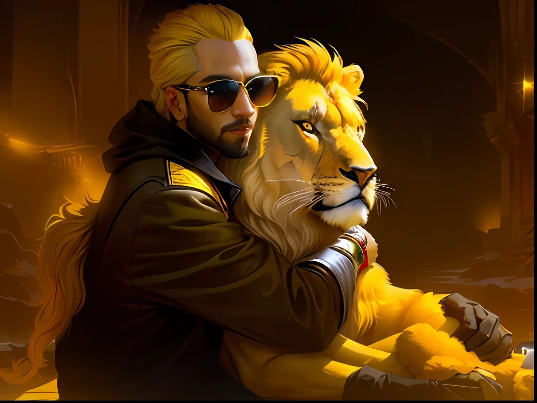 Araffe man with sunglasses holding a yellow lion in front of him, the man riding is on the lion, Me, Daniel, Awesome, fantasia!!!, lionardo davinchi, incredible, Lion, with the mane of a lion, Amazing, real picture taken in zoo, animal, inspired by Sava Šumanović