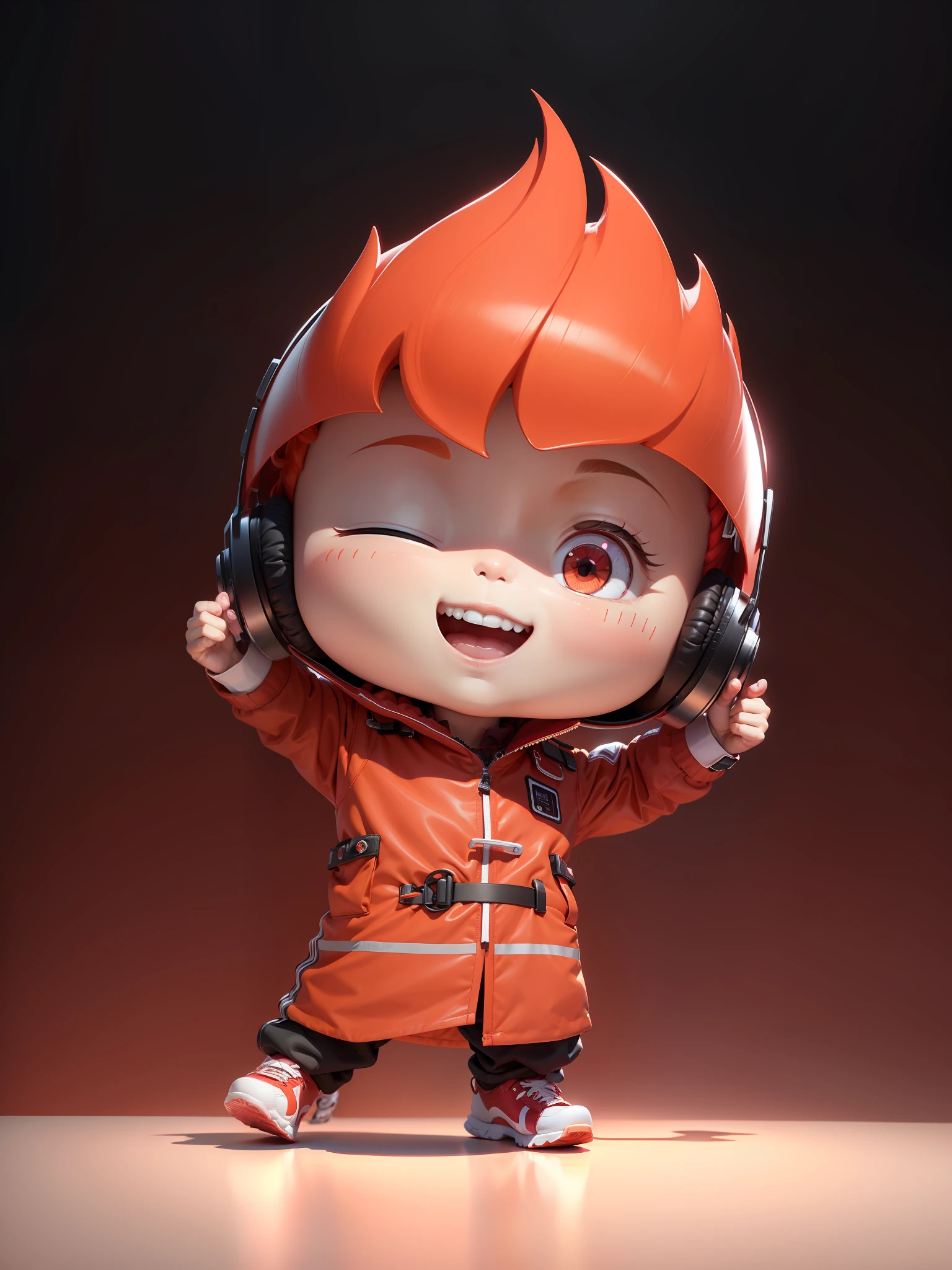 （tmasterpiece，Best quality at best）a cute  boy，Red flame-like hair，red colored skin，Tech headphones，Tech glasses，smartwatch，Stylish trench coat，Smart running shoes，Elaborate Eyes，The left eye squints，The right eye is open，happy grin，clean backdrop，Delicate sheen