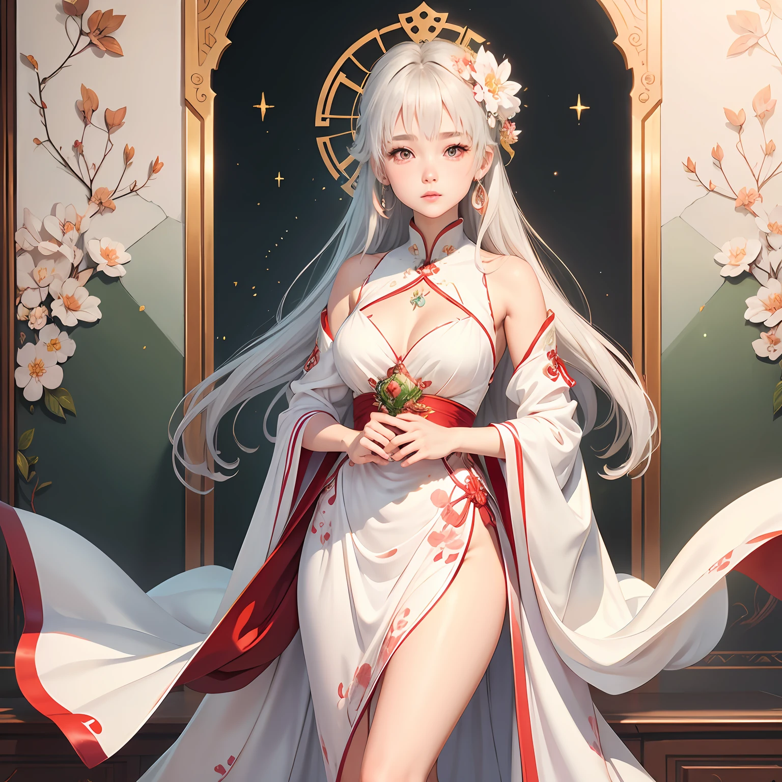 There is a girl in a green dress, plum blossoms, palaces, oriental architecture ray tracing, {best quality}, {{masterpiece}}, extremely detailed 8K wallpaper, {an extremely delicate and beautiful}, colorful, intricately detailed, Realistic, real, camera quality, (detailed depiction of clothes), cool white skin, (detailed depiction of blush), 1080p, sun, soft cuteness, smooth light silver hair, messy beauty, lighting, broken feeling, bright and silky skin , 3D stereoscopic, masterpiece, best quality, super fine illustration, beautiful eyes, very fine light, fine glow, very fine 8K CG wallpaper, peach eyes, red pupils, an extremely delicate and beautiful girl, 8k Wallpaper, best quality, full body close-up, white long dress, luxurious silky bright red chiffon floodlight (magic, glitter, ultra-thin, soft,) Hanfu