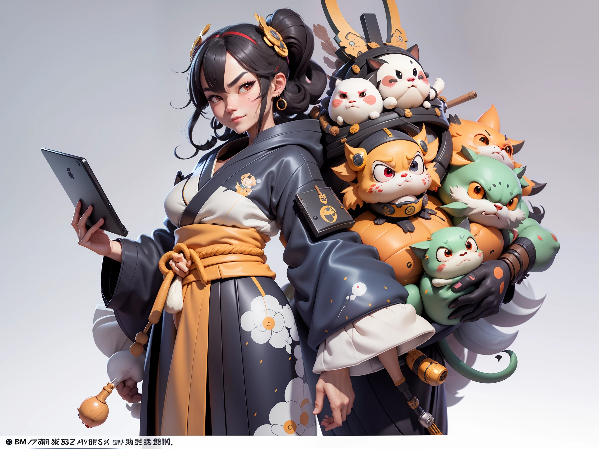 (Daisaku),(Need),(Super meticulous),(full bodyesbian:1.2),Japanese ukiyo-e girl，japanese geisha，Beautiful，Oriental dragon，Aeolian Thor，Raised sexy，爆乳，Oriental face，TV Anchor，Bust portrait illustration，Alone，In black suit，a blue tie，The face is slightly chubby，The face was clean，without a beard，Black super short hair，Black eyes，Smile confidently，3C computer sub-products，iPad， iphone，Digital painting，3D character design by Mark Clairen and Pixar and Hayao Miyazaki and Akira Toriyama，The illustration is a high-definition illustration in 4K resolution，With very detailed facial features and cartoon-style visuals。