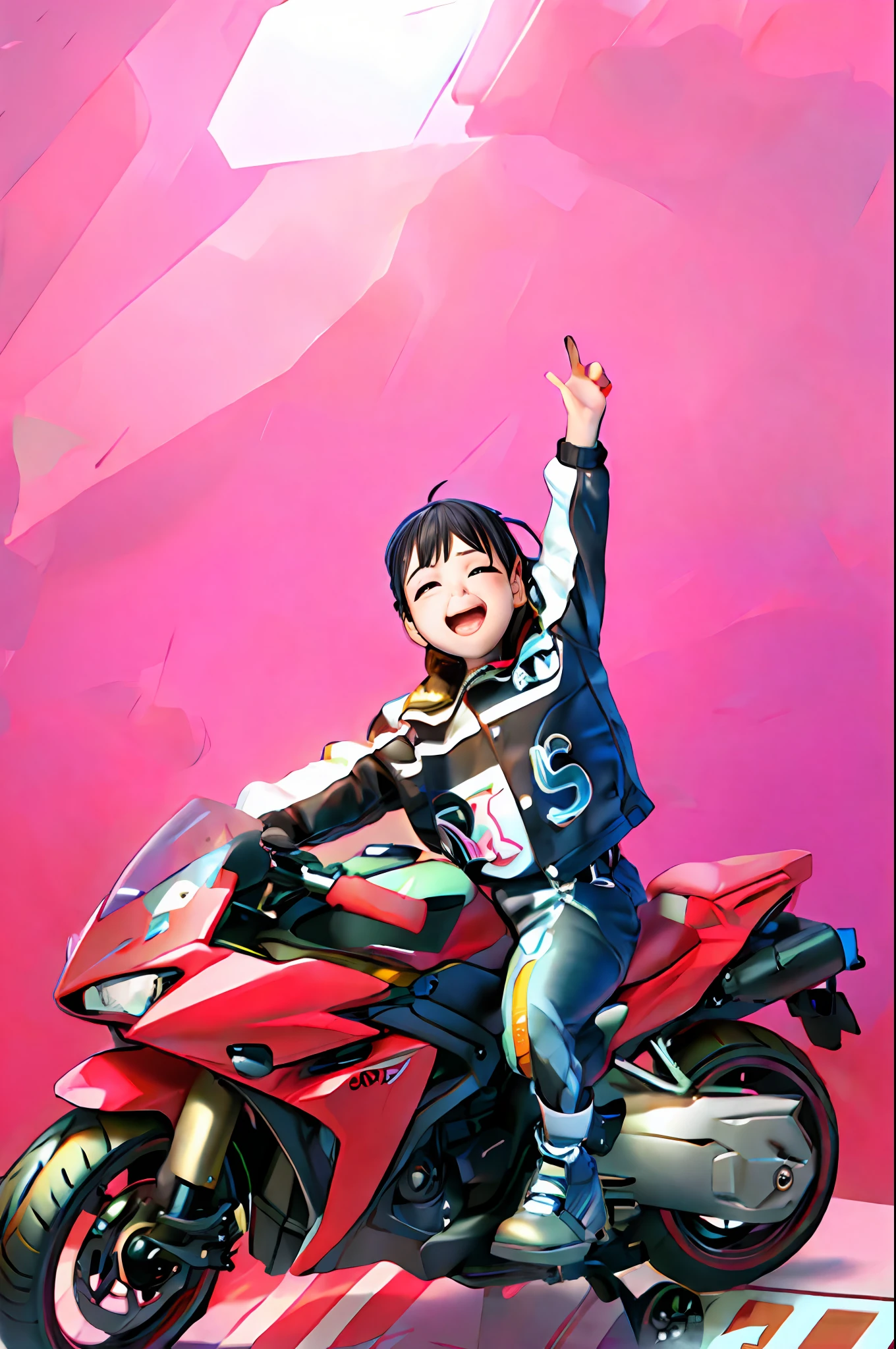 Big eyes child on motorcycle, riding motorcycles, motorbiker, kid, motorcycle, product introduction photos, riding a futuristic motorcycle, megumu okada, kid a, sitting on the motorcycle, photoshoot, jinyiwei, nanquan, Wearing track suit
