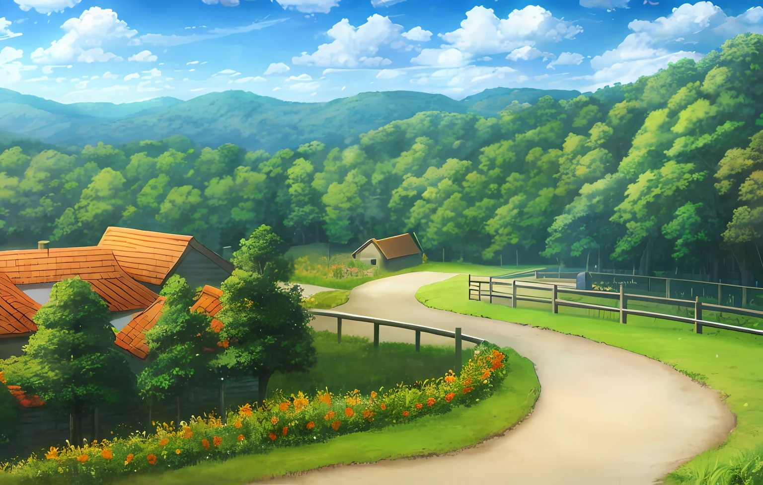 scenery, forest, village, well, sky, clouds