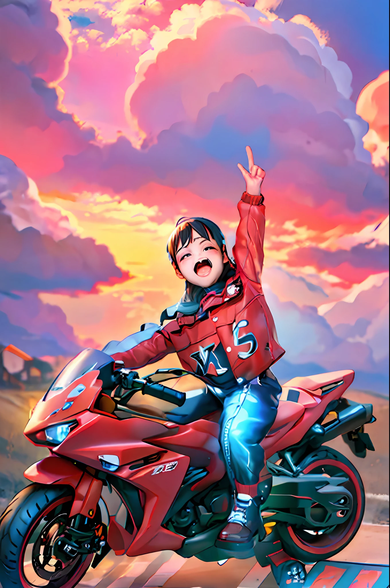 Big eyes child on motorcycle, riding motorcycles, motorbiker, ???, motorcycle, product introduction photos, riding a futuristic motorcycle, megumu okada, ??? a, sitting on the motorcycle, photoshoot, jinyiwei, nanquan, Wearing track suit
