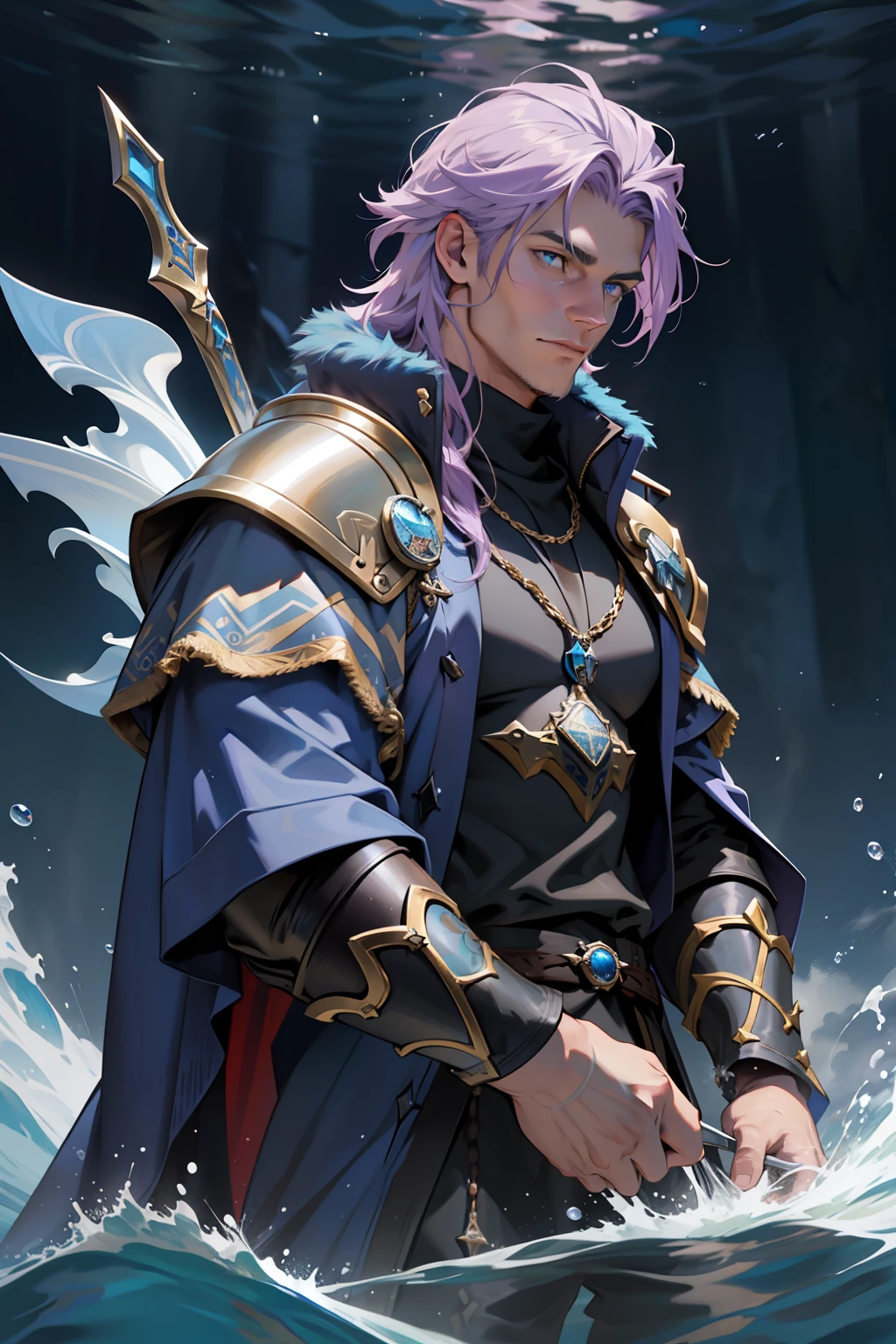 The facial features are clear and three-dimensional，Masterpiece，Highest quality，Handsome male guy，light violet hair，Wearing a dark blue animal fur coat，holy paladin，European knights，medieval times，swell sea，Sea depth，Poseidon，Neptune fork，Poseidon Trident，Manipulating water magic，depth of fields，