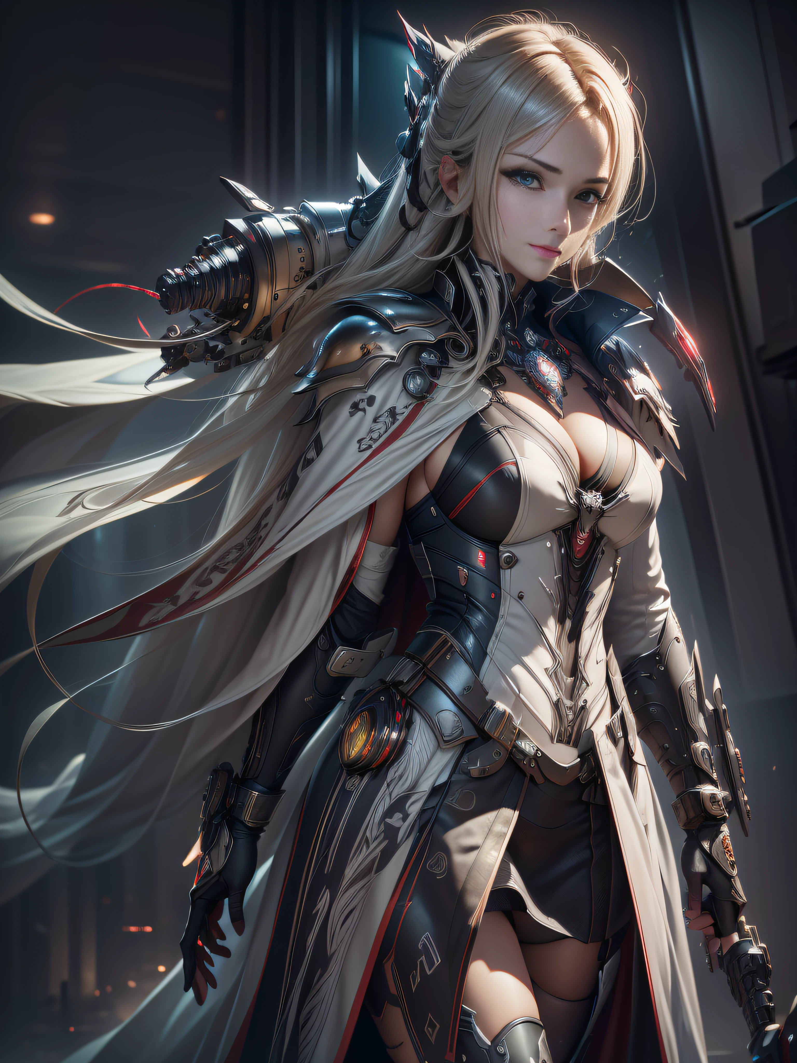 Highest image quality，Outstanding details，超高分辨率，（Fidelity：1.4）, Favor the details，(Final Fantasy XV character Ellania Dragon Knight), Wielding the Fang Tianlong Halberd，Cloak, She has a delicate and beautiful face,Raised sexy，cyber punk perssonage，Futuristic，mechanically aesthetic，Virtual Engine 5，Perfect detail rendering，rendering by octane，hyper HD