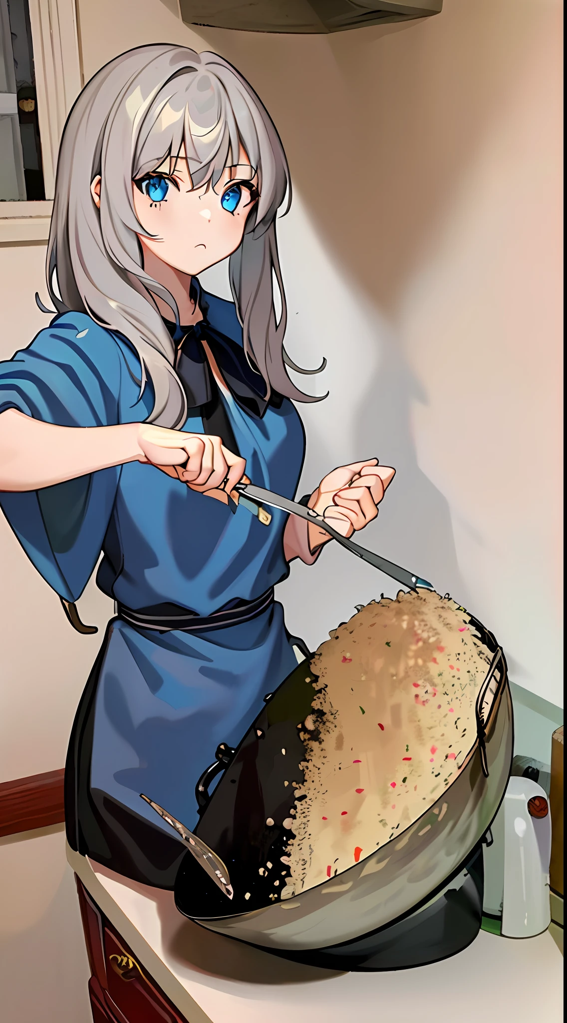 (best quality, masterpiece), ricewave, (1girl, solo,cooking, standing ,  gray hair, *//*, blue eye, *//*, white blouse, looking at viewer, closed mouth, upper body), (kitchen, holding wok, Spatula)