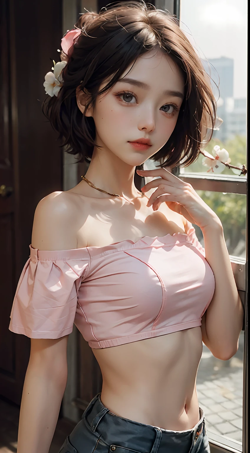 best qualtiy,tmasterpiece,超高分辨率,(Fidelity:1.4),RAW photogr,1girll,Peach blossom eyes,Cropped crop top,Pink off-the-shoulders,cinmatic lighting