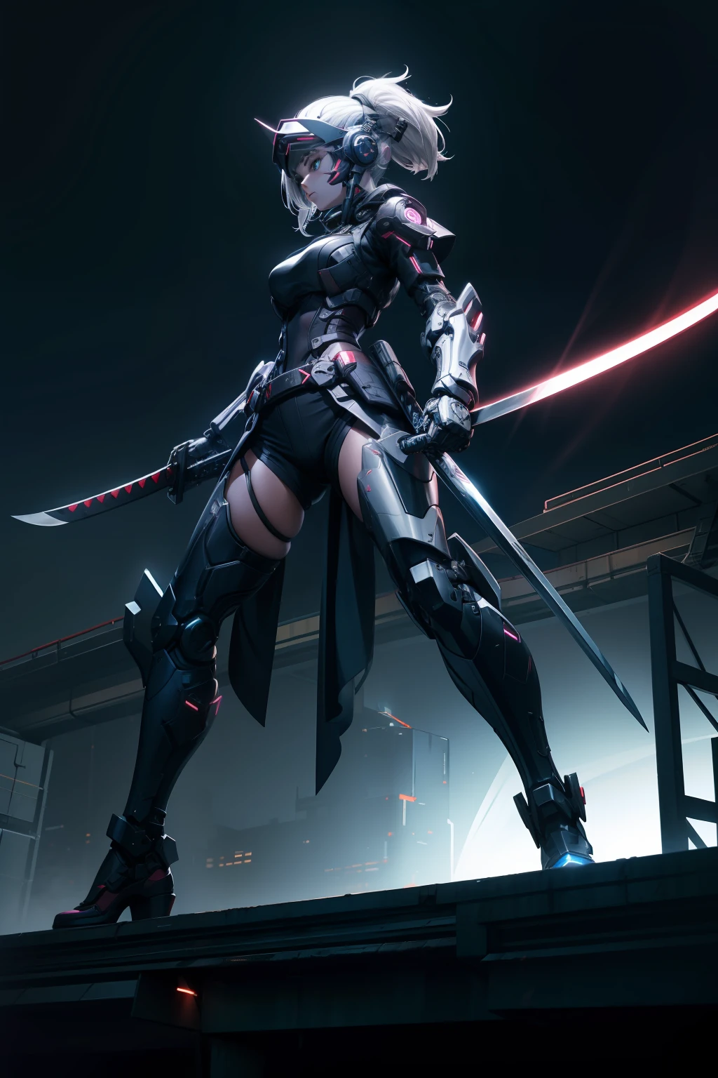 A girl,Stand on the roof,Holding a katana,cyber punk perssonage,with light glowing