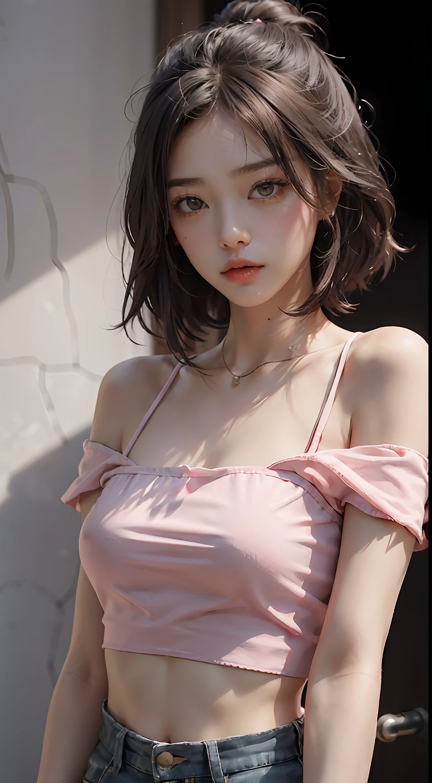 best qualtiy,tmasterpiece,超高分辨率,(Fidelity:1.4),RAW photogr,1girll,Feminine eyes,Cropped crop top,Pink off-the-shoulders,cinmatic lighting