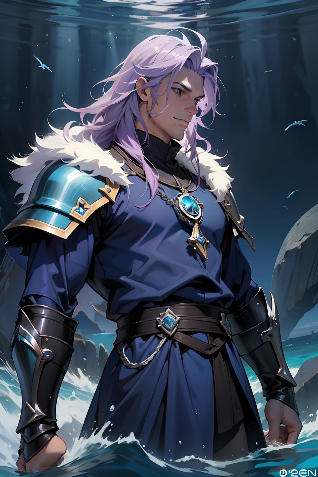The facial features are clear and three-dimensional，Masterpiece，Highest quality，Handsome male guy，light violet hair，Wearing a dark blue animal fur coat，holy paladin，European knights，medieval times，swell sea，Sea depth，Poseidon，Neptune fork，Poseidon Trident，Manipulating water magic，depth of fields，