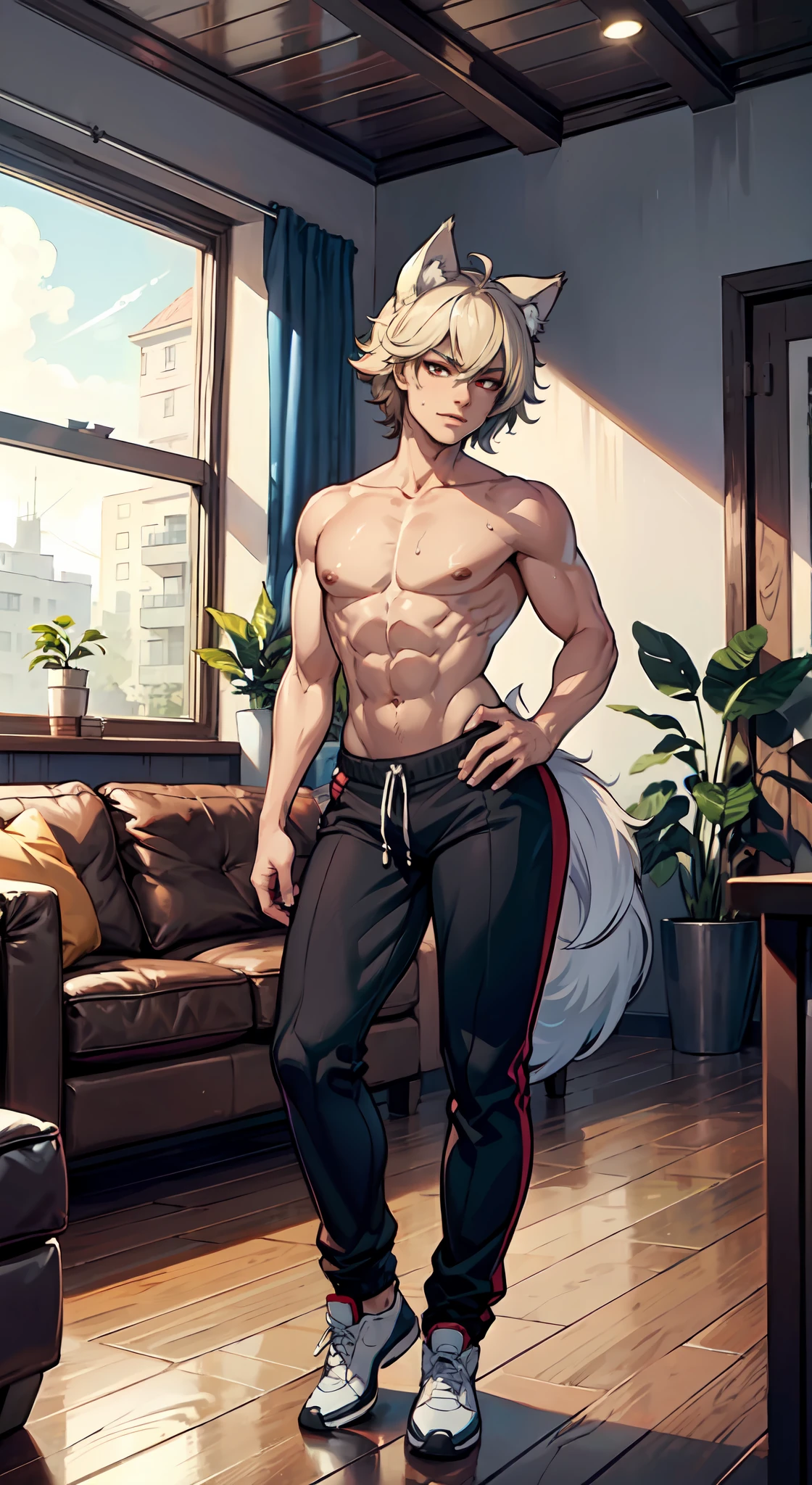 1boy, wolf ears, wolf tail, short golden hair, red eyes, slim waist, ultra masterpiece, shirtless, livingroom setting, big thighs, wide hips, sweatpants, soft, young, full body view, smug