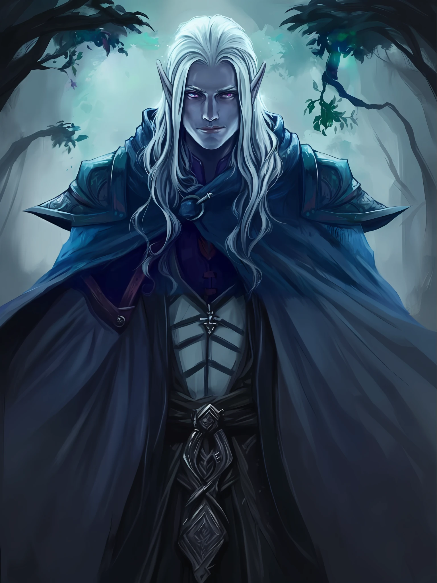 um close up de uma pessoa com cabelo comprido e uma capa, bonito Drow, Drow macho, Retrato de Drizzt Do'Urden, Um retrato de um elfo masculino, lindo Drow macho, Rio Masculino, Drow, elfo masculino de pele prateada, um elfo macho, de um elfo de anel elden, Retrato de fin wildcloak