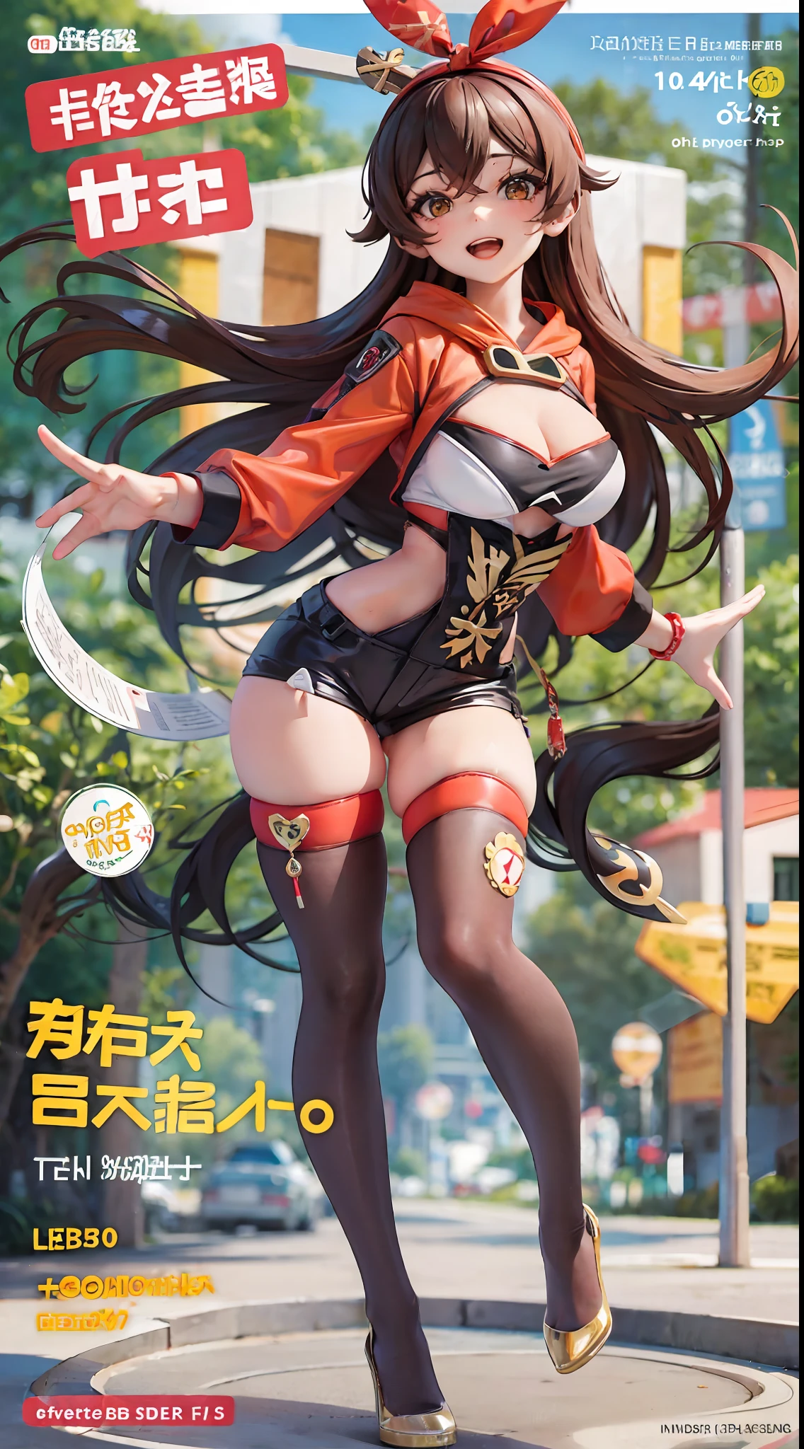 amber,Newspaper propaganda style,Cover title,Ocean park,C cup,exposing your navel,Sexy Siamese stockings,busty figure,Fleshy thighs,Happy look