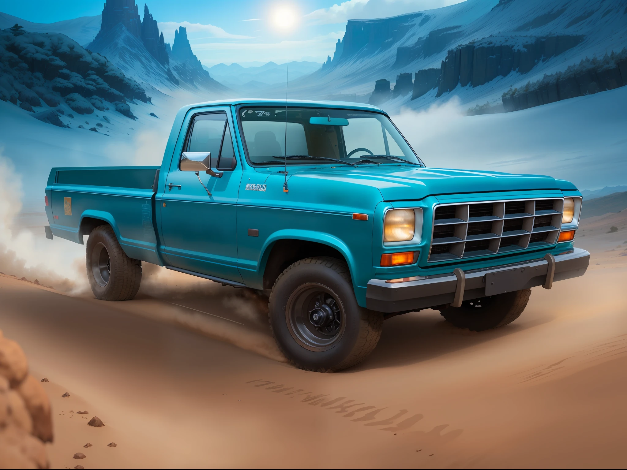 imagem de carro realista , pintura preta metalica ultra detalhada,rodas cromadas , penus de borracha off road com estrade de terra , linda paisagem ao fundo, imagem ultra realista .