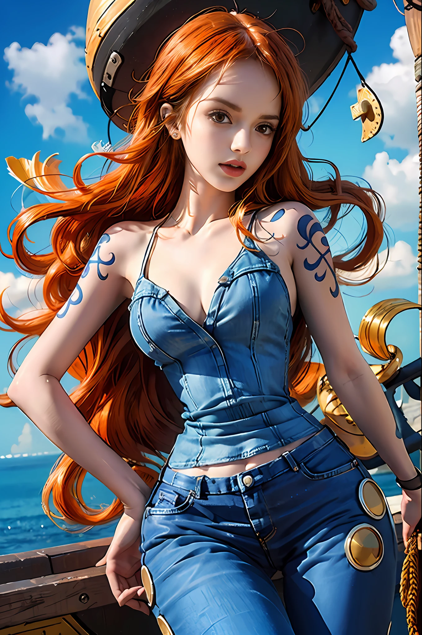 (((masterpiece+best quality+high resolution+ultra-detailed))), nami\(one piece\), long silky orange hair, high nose, sharp eyes, noble and inviolable temperament, (([female]: 1.2 + [beauty]: 1.2 + orange long hair: 1.2)), pirate ship background, (one piece), blue sky, bracelets, bubbles, clouds, denim, pants, shoulder tatto, bright eyes, dynamic angle and posture.