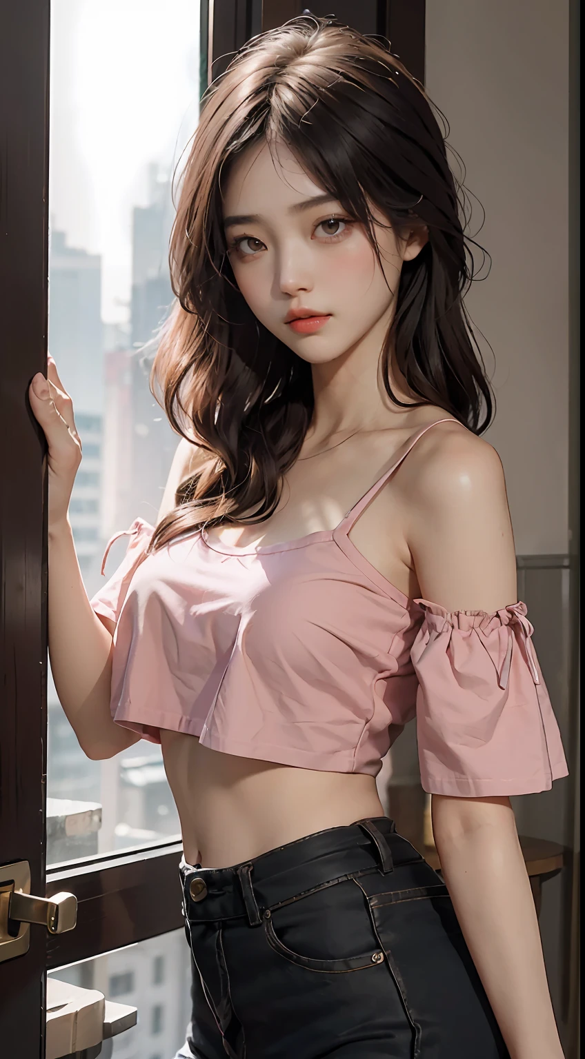 best qualtiy，tmasterpiece，超高分辨率，（Fidelity：1.4），RAW photogr，1girll，Feminine eyes，Cropped crop top，Pink off-the-shoulders，cinmatic lighting