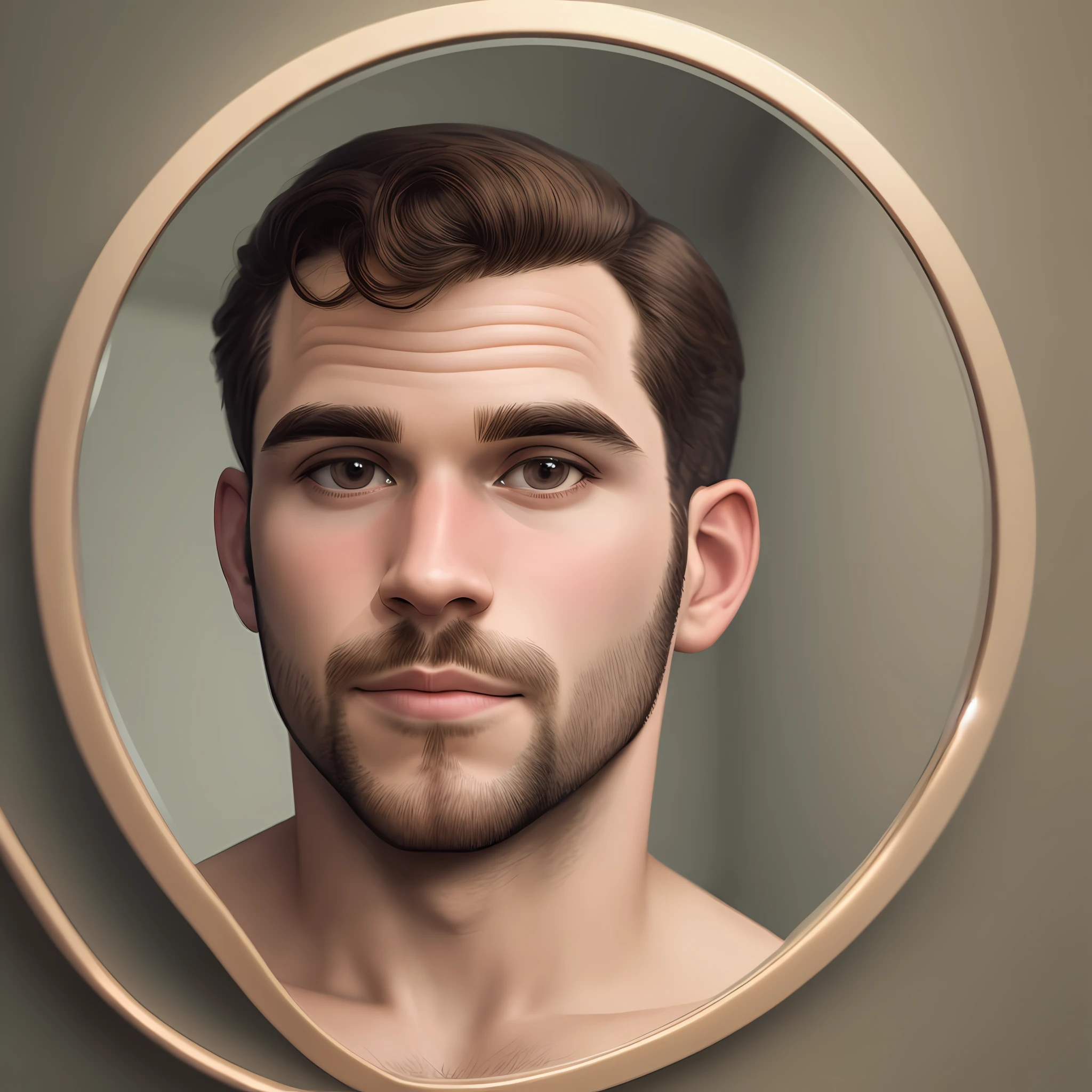 rosto detalhado de um homem gordo, com corte de cabelo curto, looking at himself and seeing his image reflected with Pinocchio's nose