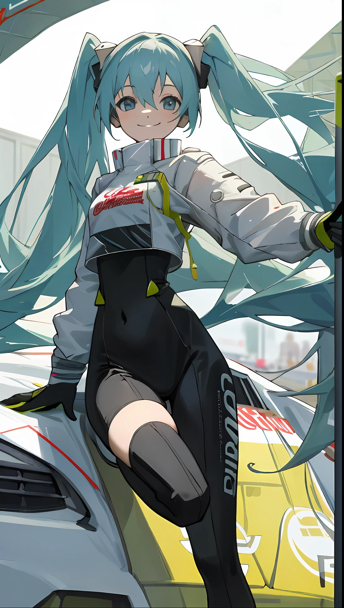 masterpiece,(ultra-detailed),1girl, smile, car, racecar, circuit, racing miku, black bodysuit, cropped jacket, white jacket, long sleeves, two-tone gloves, thigh boots,