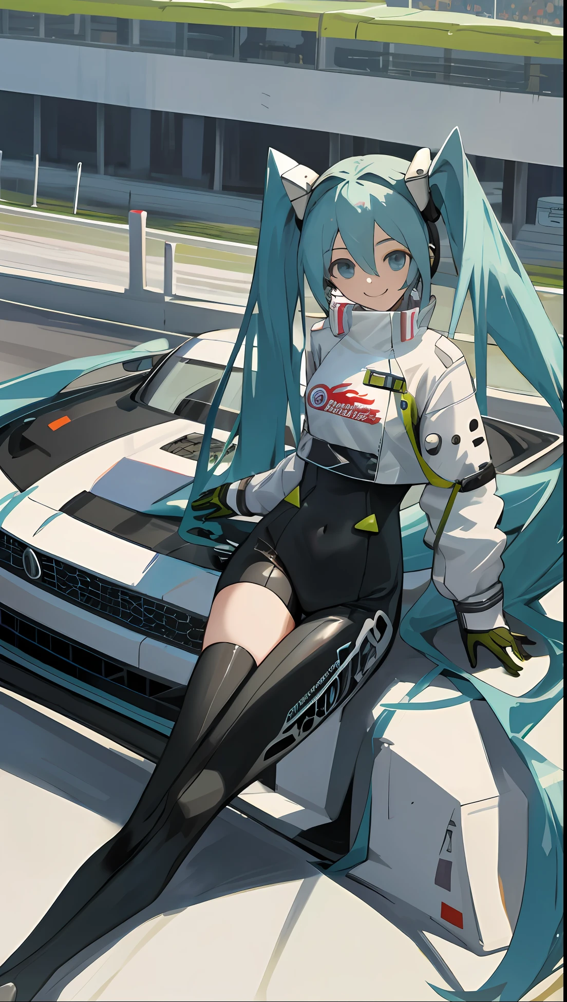 masterpiece,(ultra-detailed),1girl, smile, car,  racecar, circuit,  racing miku, black bodysuit, cropped jacket, white jacket, long sleeves, two-tone gloves, thigh boots,