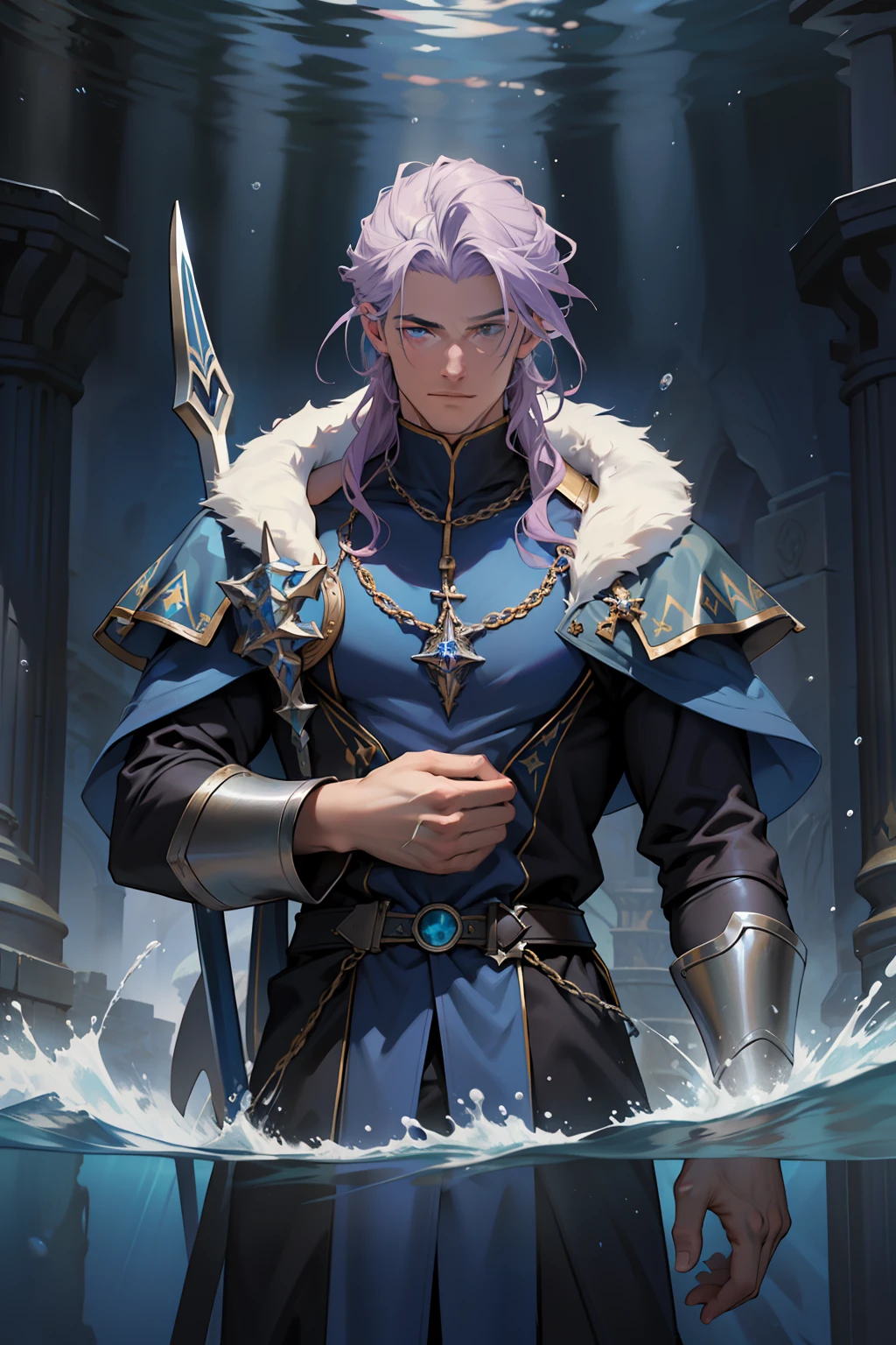 The facial features are clear and three-dimensional,Masterpiece,Highest quality,Handsome male guy,light violet hair,Wearing a dark blue animal fur coat,holy paladin,European knights,medieval times,swell sea,Sea depth,Poseidon,Neptune fork,Poseidon Trident,Manipulating water magic,depth of fields,