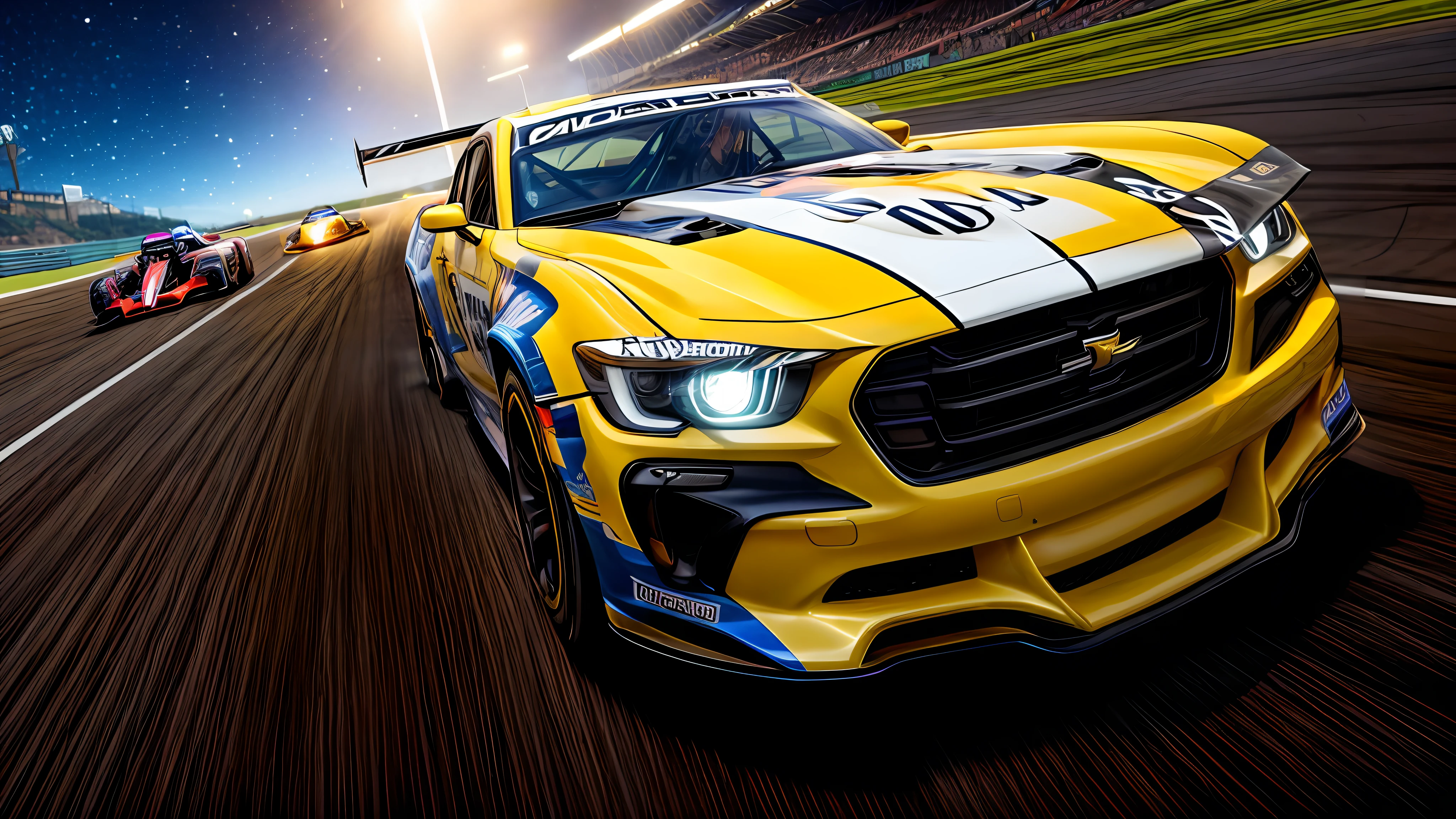 a yellow muscle car driving down a track with other cars, scifi, hi-tech cars, dust and water, i 1 0 8 0 p wideshot, high quality wallpaper, racing, background, high speed action, wipeout 2 0 4 8, high quality screenshot, speed lines