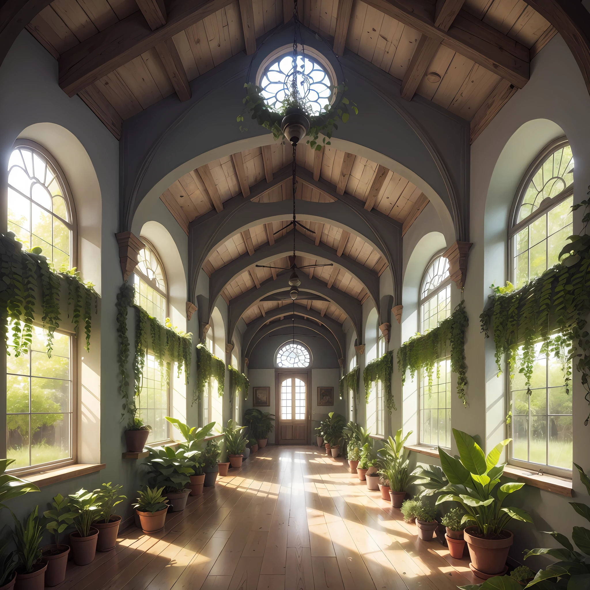 greenhouse setting within medieval room full of magical and colorful plants. realistic image, high quality --auto --s2