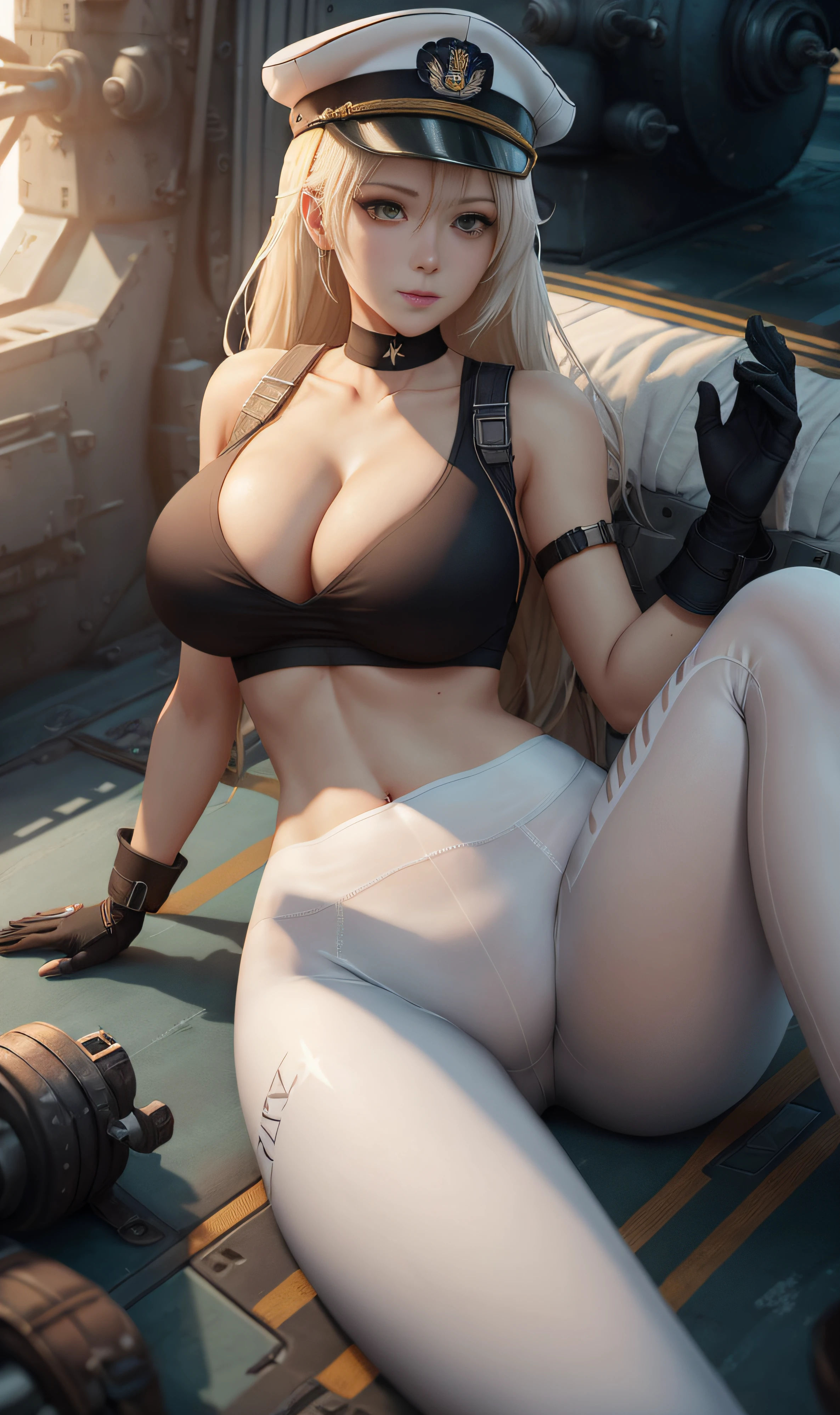 Blonde woman in white uniform poses on warship, azur lane style, Girl with warship, photorealistic anime girl rendering, A scene from the《azur lane》videogame, high definition cgsociety, 3 D rendering character art 8 K, Tifa Lockhart with white hair, beautiful and seductive anime woman, Slim figure, Wearing a white tight military uniform, Moderate breasts，Nipple bumps，Not wearing a bra，stunning cgsociety，White transparent yoga pants，military hat，black glove，Full ，Depressions，Long legs，lying down，legs separated --auto