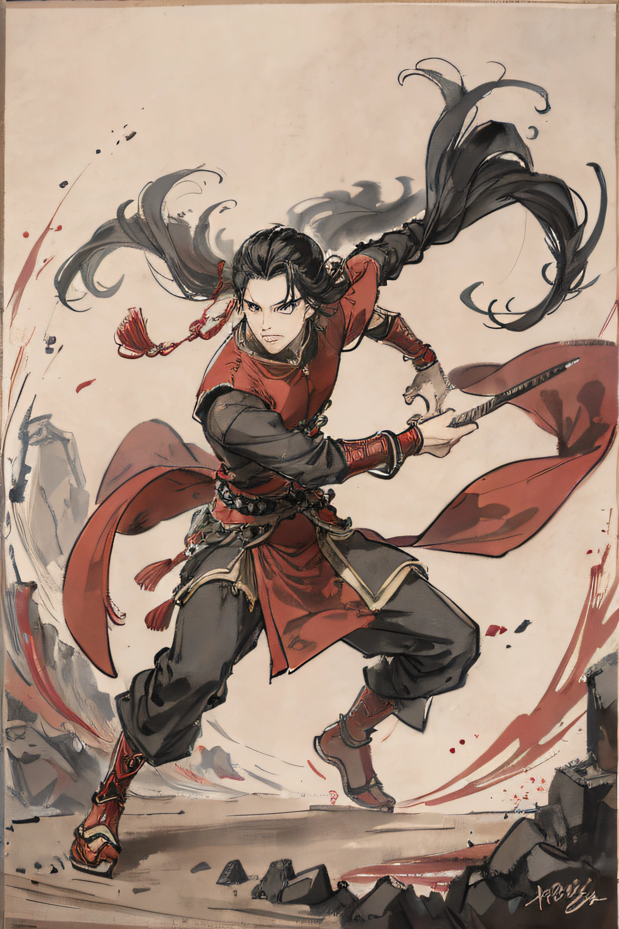 Tradition Chinese Ink Painting，A red-clad swordsman