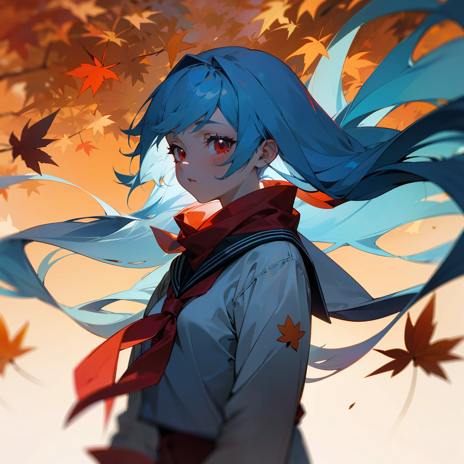 artistic photograph, Real light and shadow ，autumnal,Maple leaf,((sailor suit)),1 beautiful girl，The upper part of the body,(((Long light blue hair))),Red eyes,(long hair),（Red scarf），windy