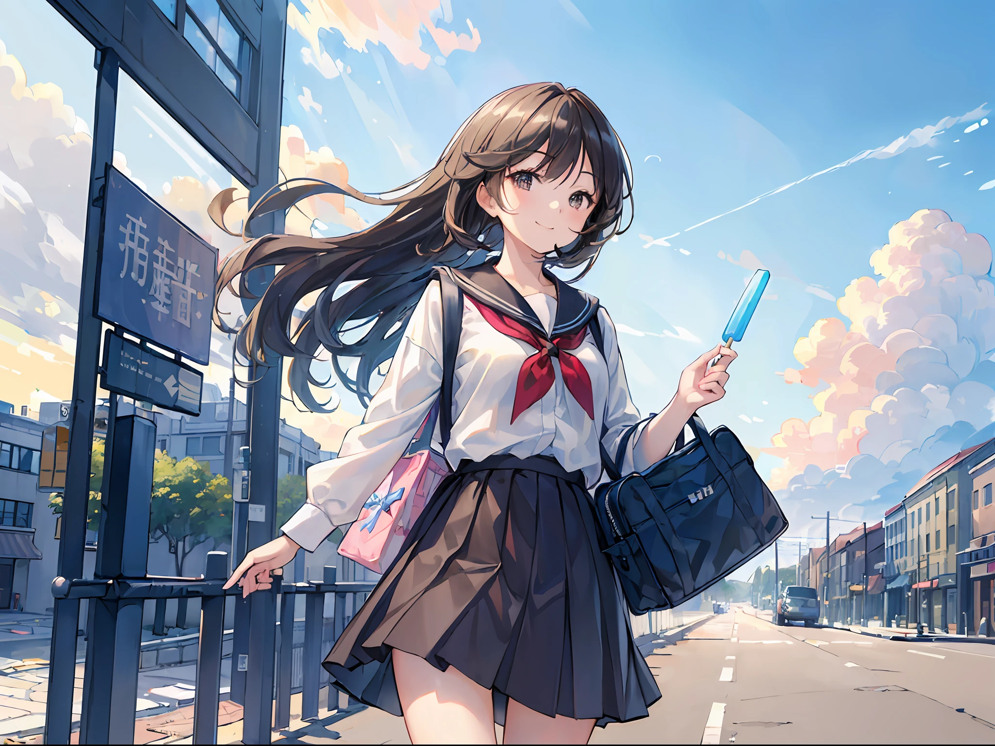 (UHD , Masterpiece:1.5),great care and grace, with strict composition and fine elaboration， stunning shot of 1 girl walking down the street with a school bag , popsicle, sky,clouds,smiling,sunshine,stream light,bus,pleasant time after school,looking at viewer,trending on pixiv，