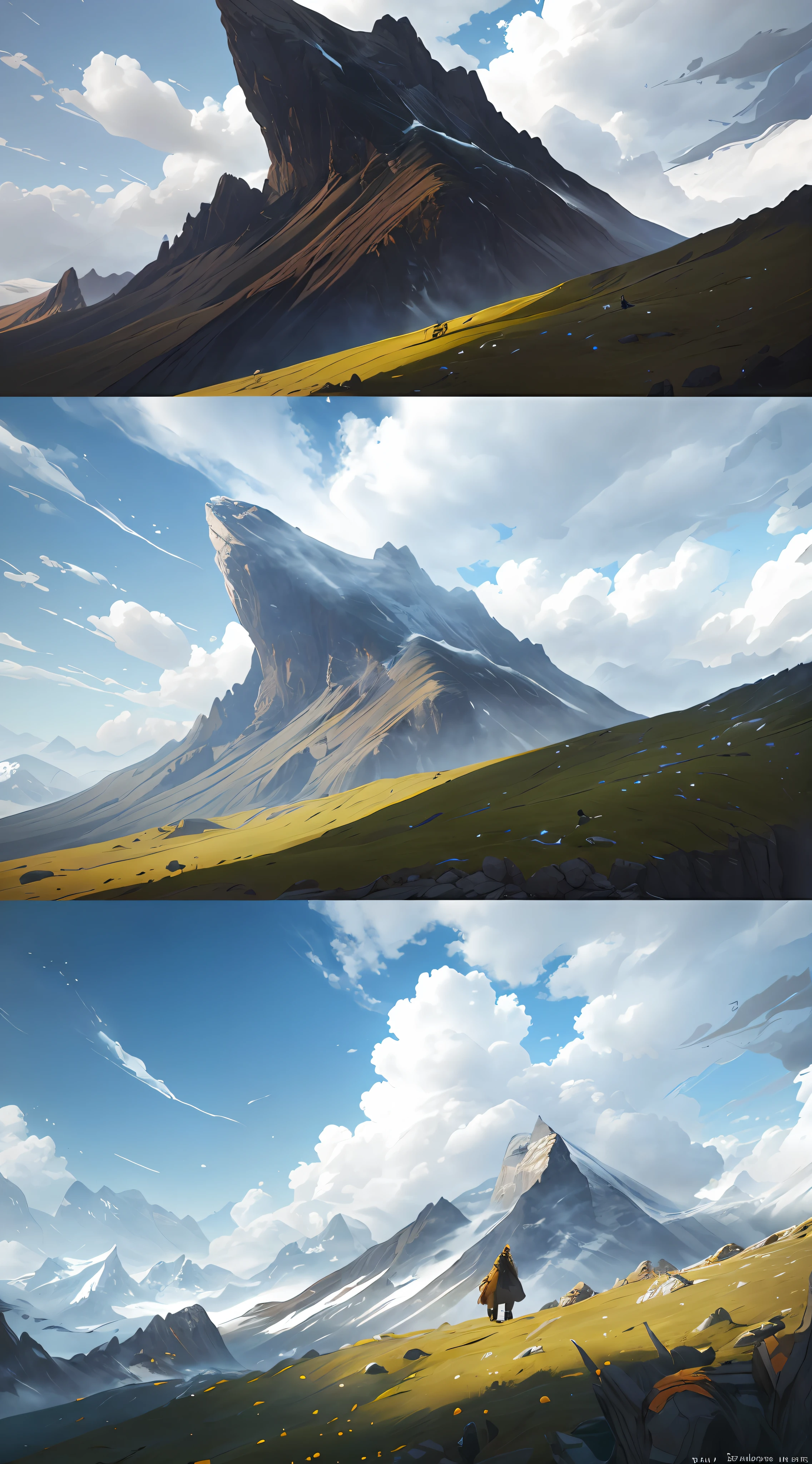 there are two pictures of a person walking in the mountains, wlop and rhads, jessica rossier color scheme, smooth digital concept art, stefan koidl inspired, digital painting concept art, 4k hd matte digital painting, epic landscape, detailed 4k concept art, most epic landscape, highly realistic concept art, matte sharp painting, 4 k matte painting