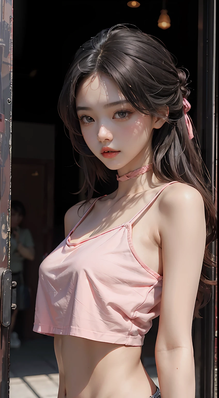 best qualtiy,tmasterpiece,超高分辨率,(Fidelity:1.4),RAW photogr,1girll,Sexy eyes,Cropped crop top,Pink off-the-shoulders,cinmatic lighting