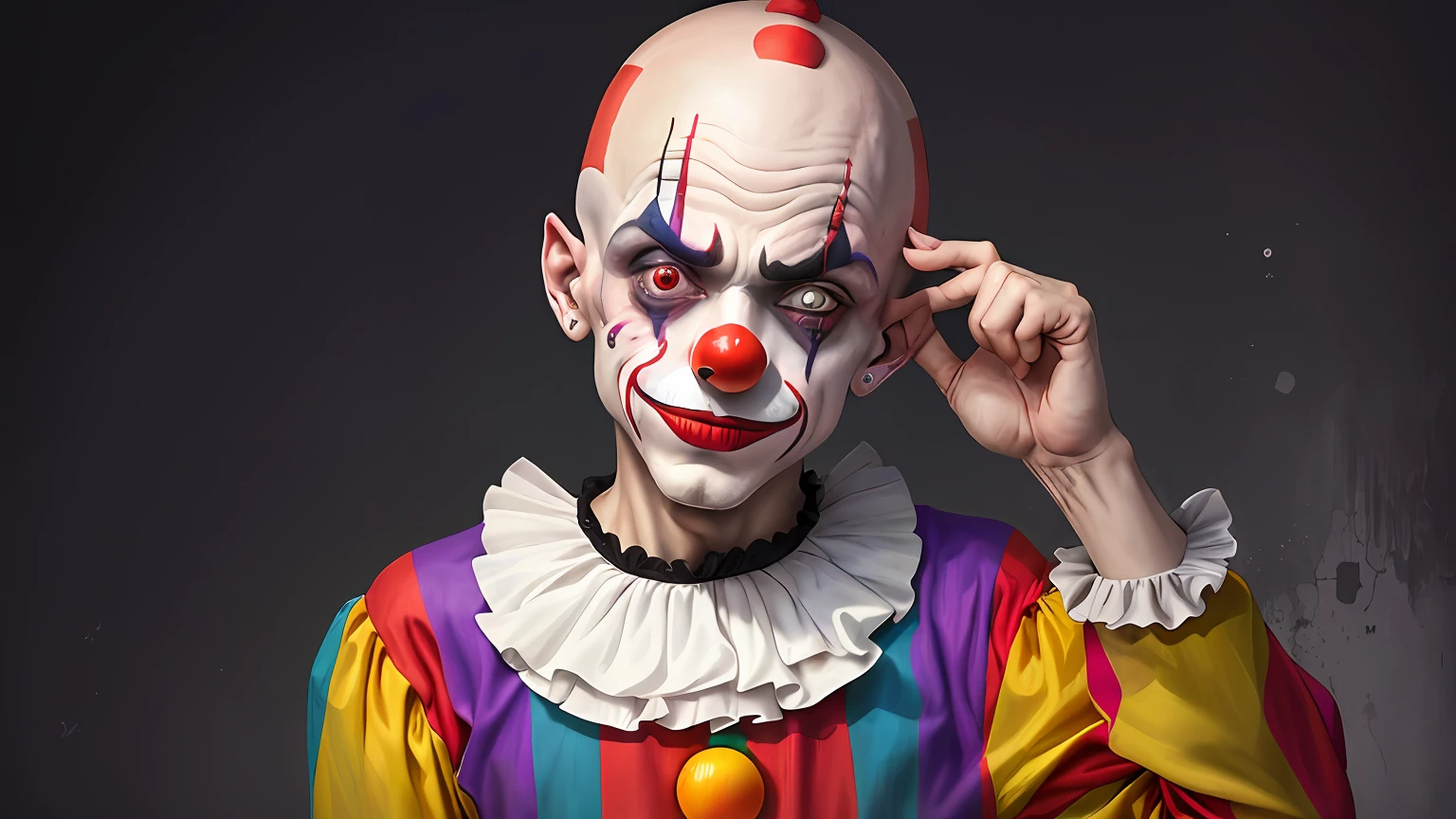 A bald clown, chorando, Infeliz, triste, perdedor, sem energia, derrotado, soio, realista, Fotos Premium, fundo roxo, looking-into-camera