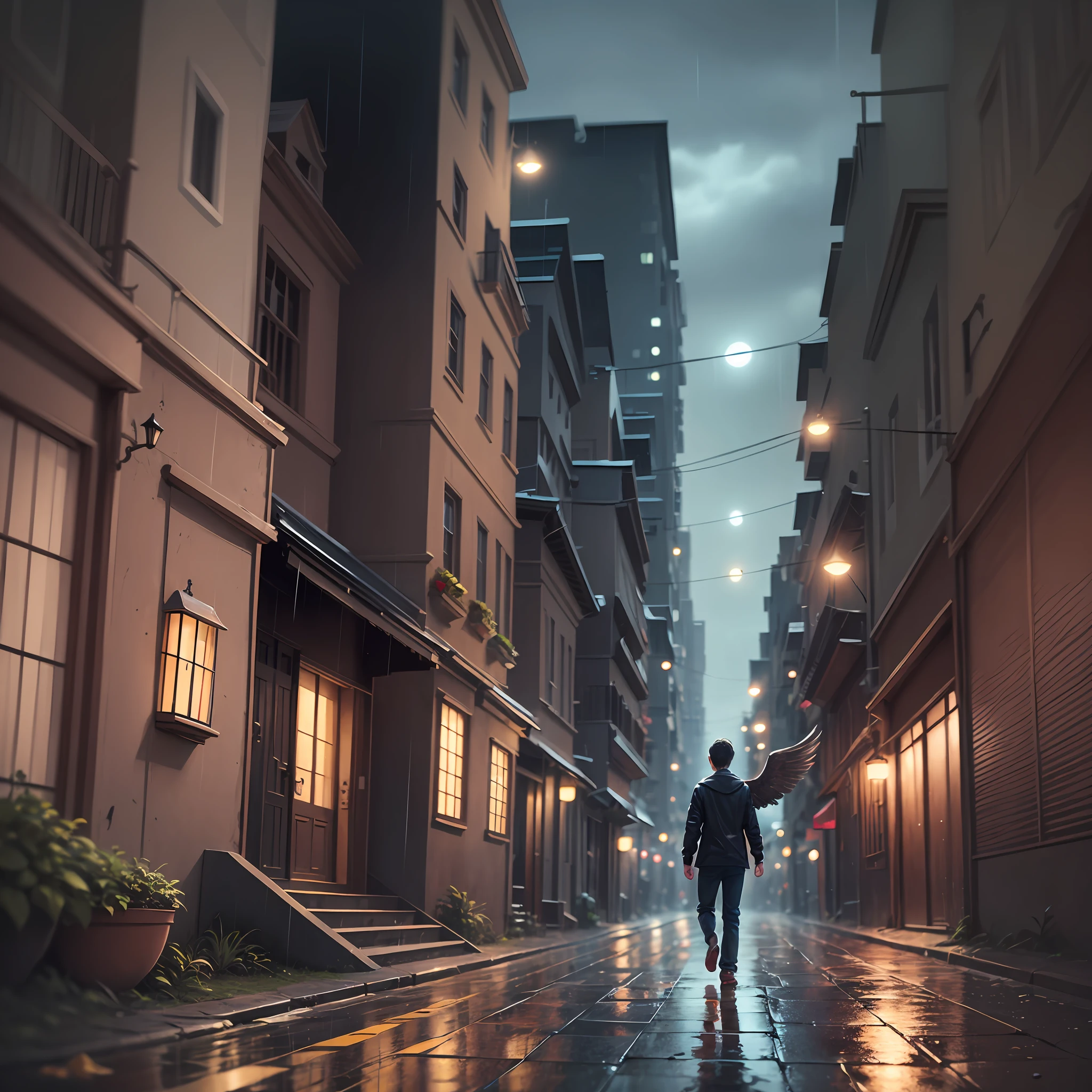 fallen angel, male, wandering, rainy night, being watched, finds, young boy --auto --s2