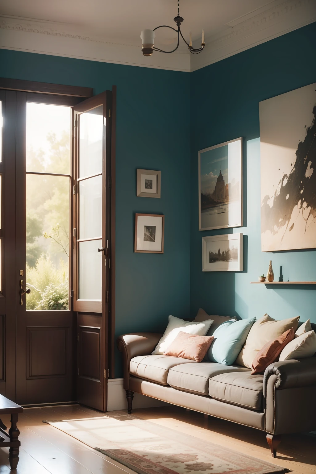 a sofa in a living room, on the wall a paint in encaustic style