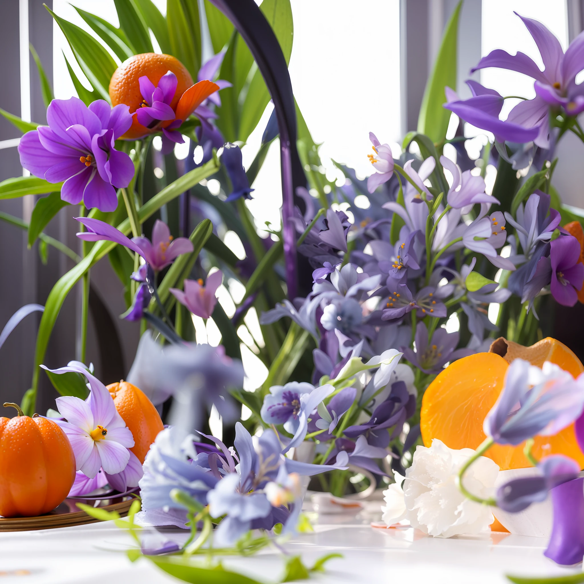 Purple flowers and oranges in vases,The vase has white and blue flowers, Orange and purple color scheme, edible flowers, Some purple and orange, some orange and purple, Dark purple and orange, Violet-orange, Clear detail, fruit and flowers, Award-winning, Award - Winning, inspired by Jeff Koons, delightful surroundings, orange colors、Turquoise and purple