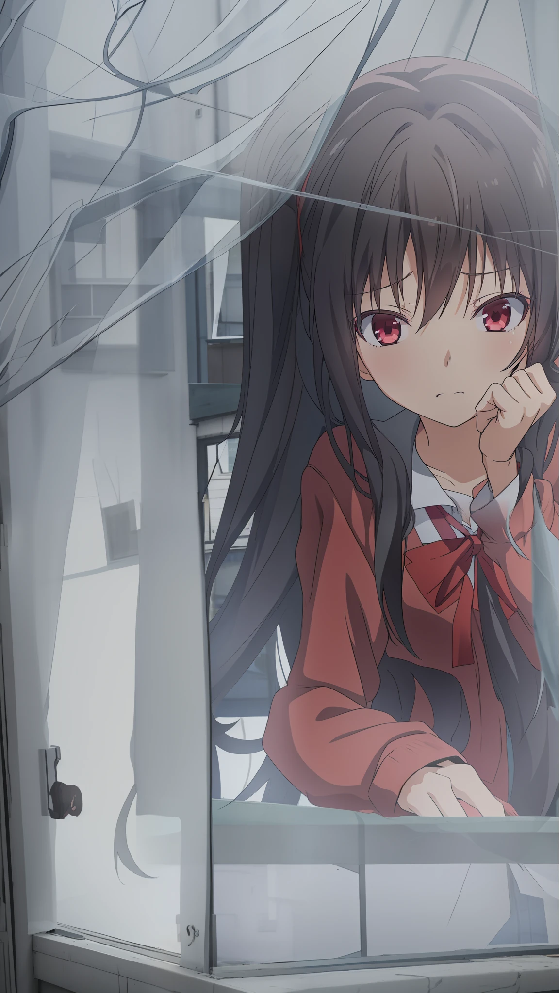 there is a girl that is looking out of a window, anime styled 3d, rin tohsaka, raining!!, render of a cute 3d anime girl, 3d anime girl, raining!, anime style. 8k, mysterious girl, realistic anime 3 d style, close up iwakura lain, raining, anime 3 d art, by Jin Homura