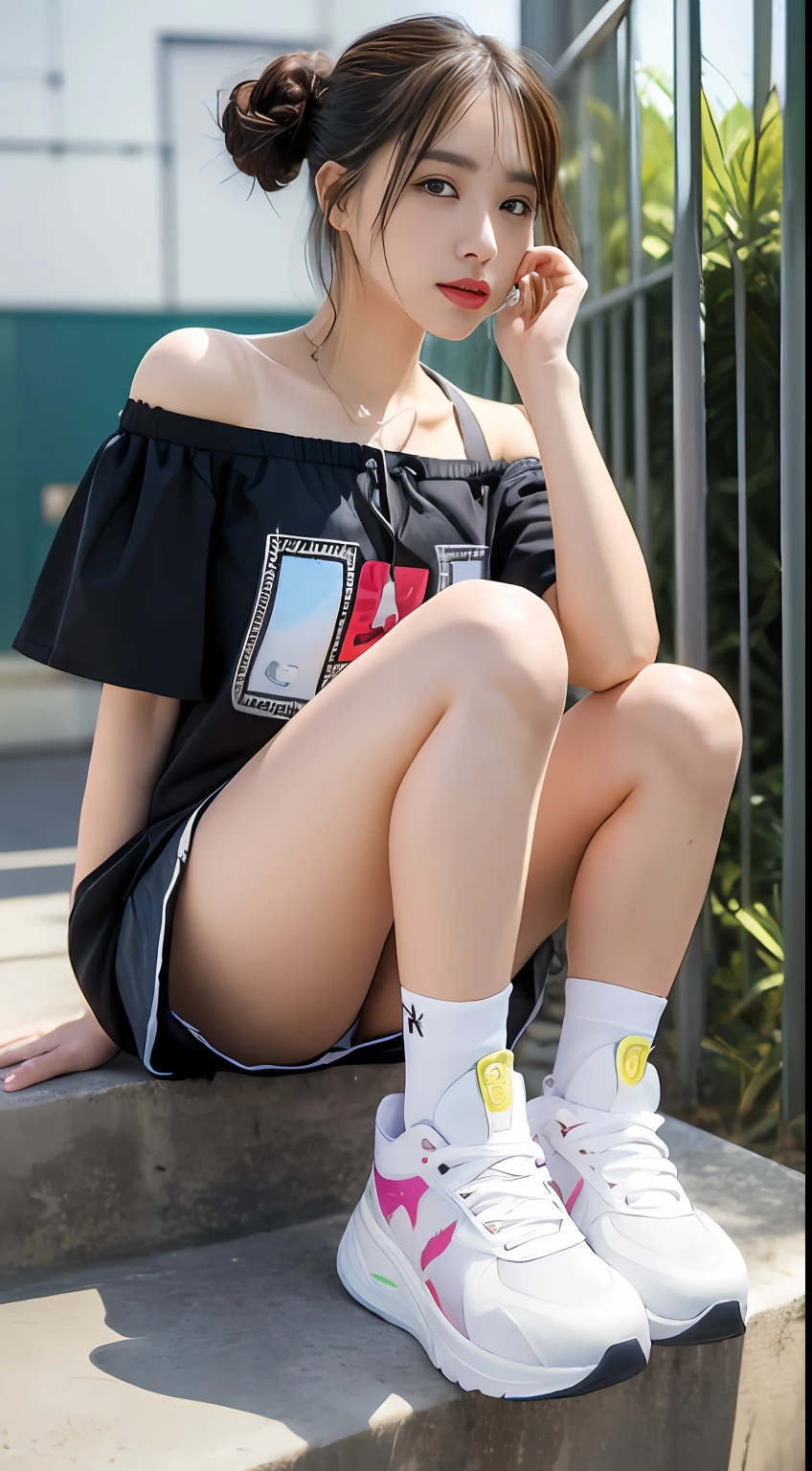 ((Best picture quality, 8K, tmasterpiece:1.3)), 1girll, Casual hairstyle, (off-shoulder blouse,Short pleated skirt:1.3),(wet see through clothes:1.4),Ultra-fine face, A detailed eye, 二重まぶた,(long leges:1.4),(athletic sneakers:1.3)Erlang legs,Sit on a high platform