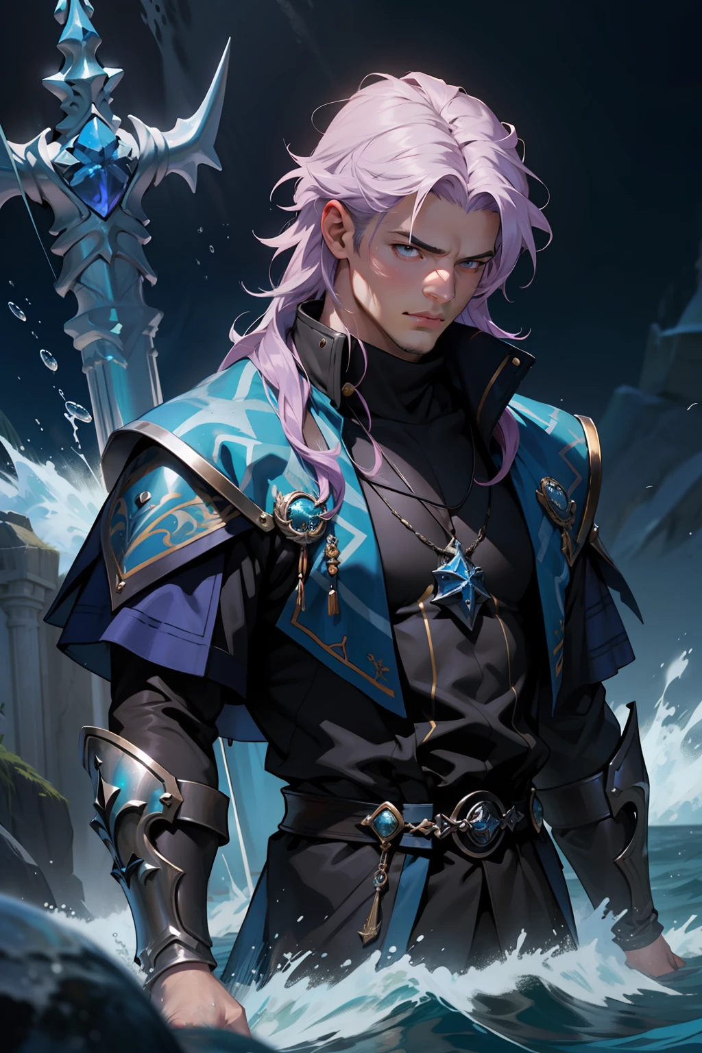 The facial features are clear and three-dimensional,Masterpiece,Highest quality,Handsome male guy,light violet hair,Wearing a dark blue animal fur coat,holy paladin,European knights,medieval times,swell sea,Sea depth,Poseidon,Neptune fork,Poseidon Trident,Manipulating water magic,depth of fields,